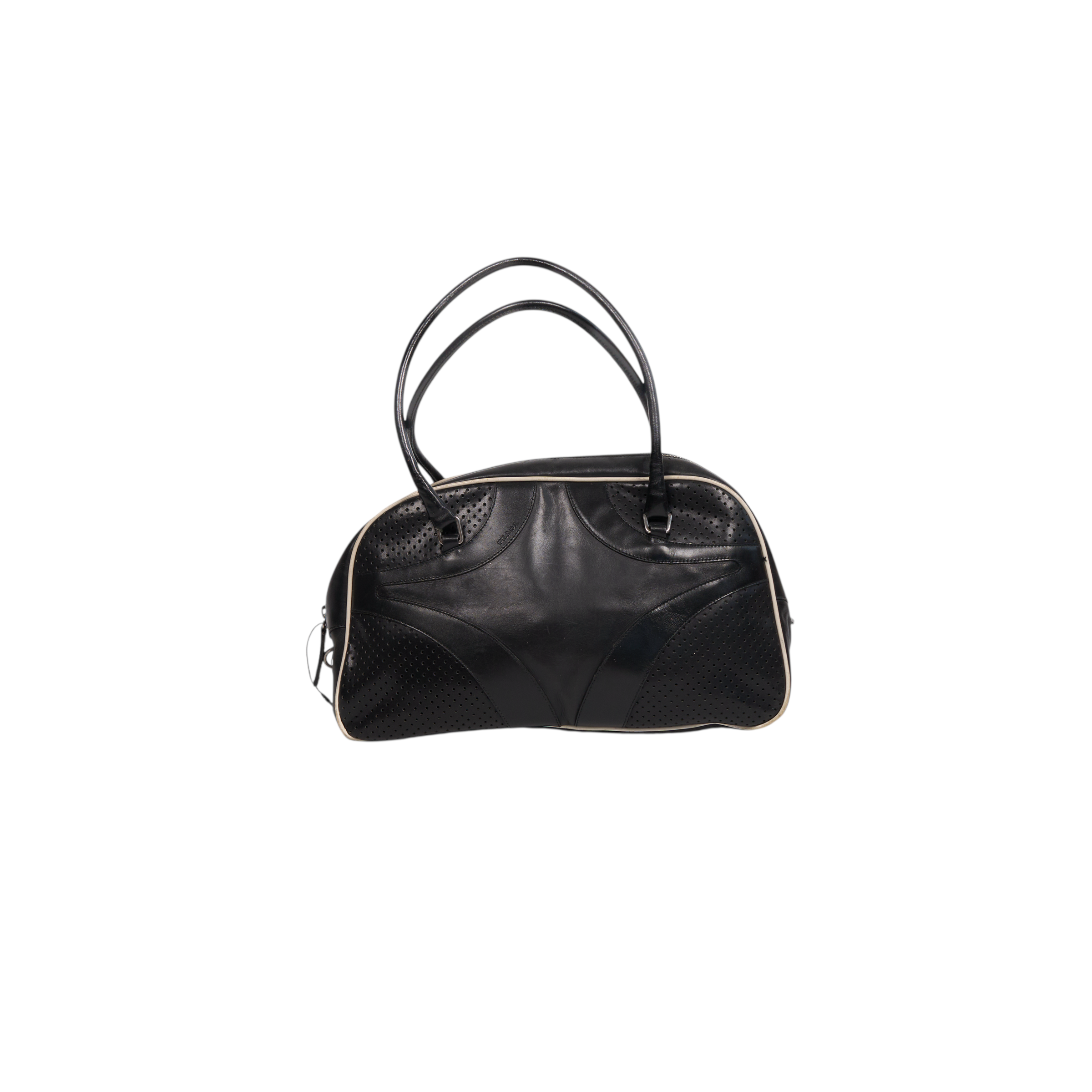 バッグ 00s PRADA leather hand bag archive prada s/s 2000 black bowler bag with white trim – hachi archive