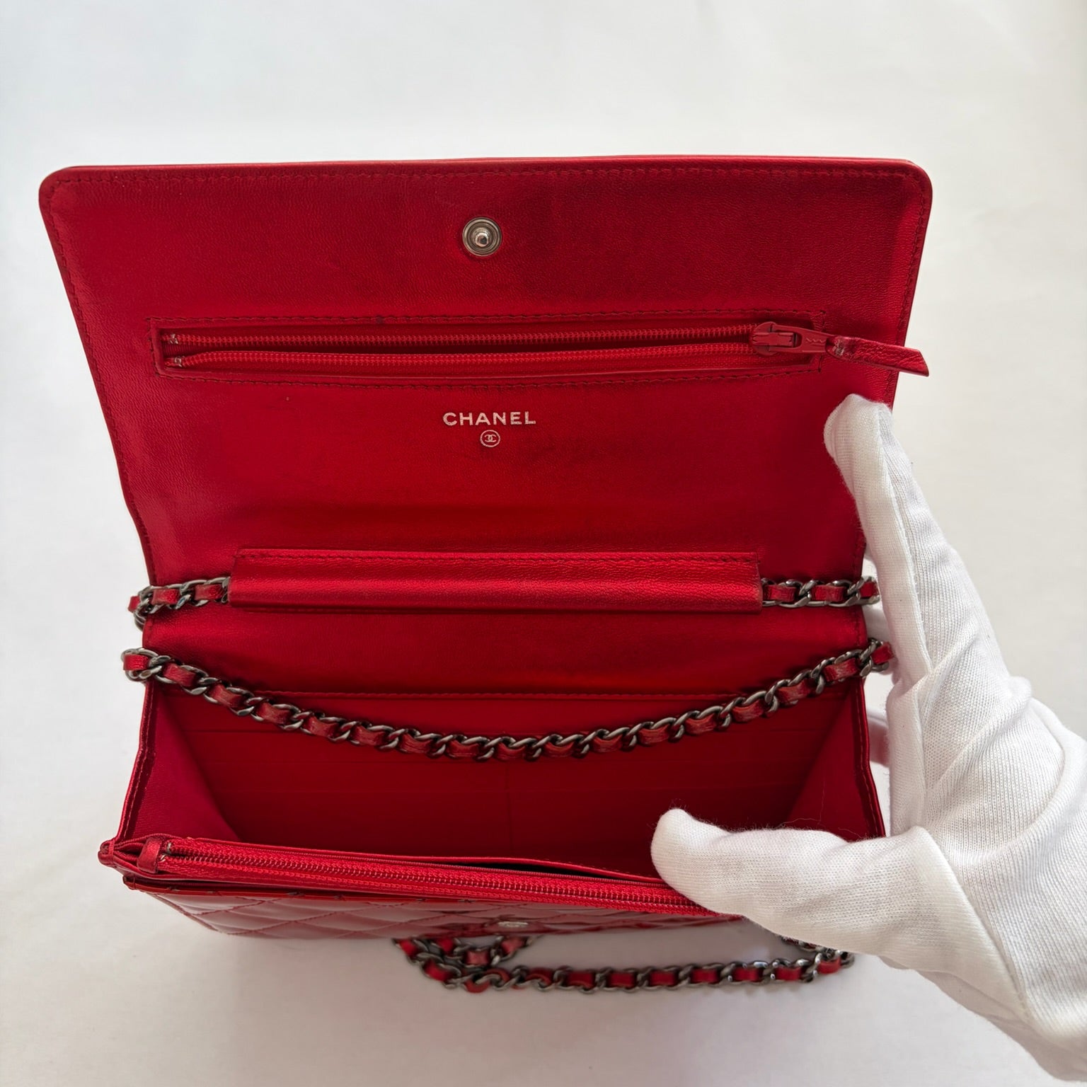 chanel patent red wallet on chain bag