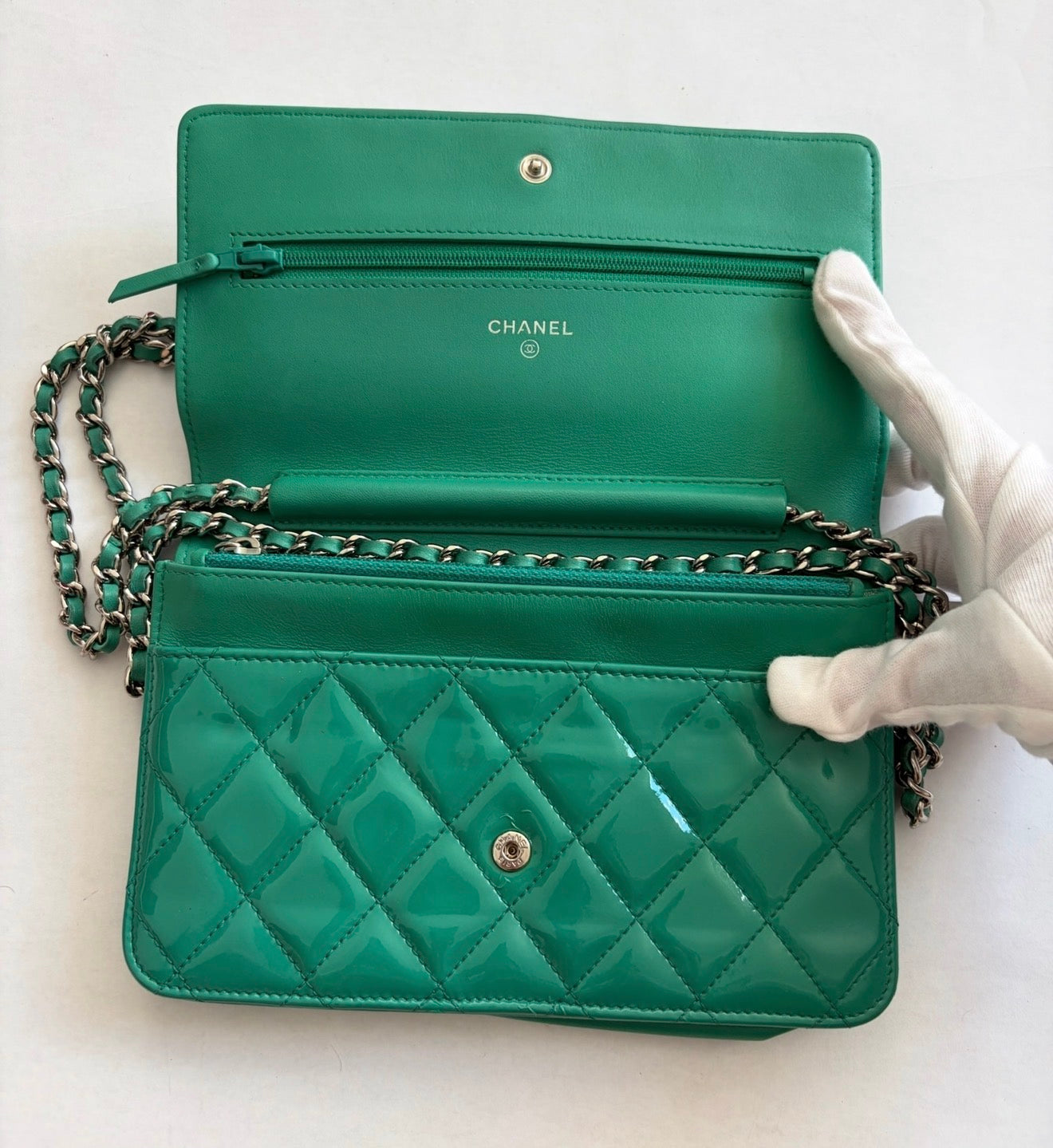 chanel turquoise wallet on chain bag