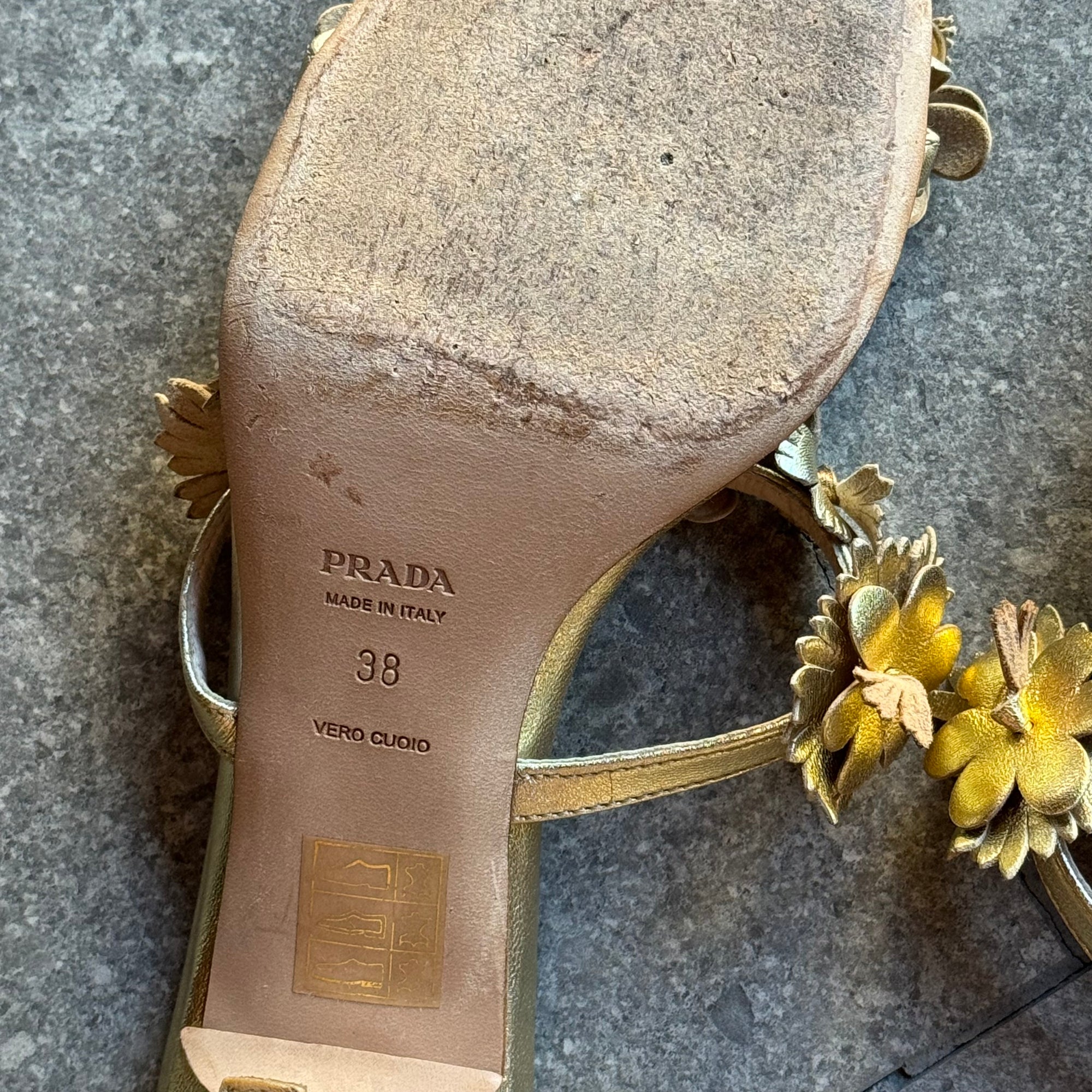 prada 2000s gold floral kitten heels