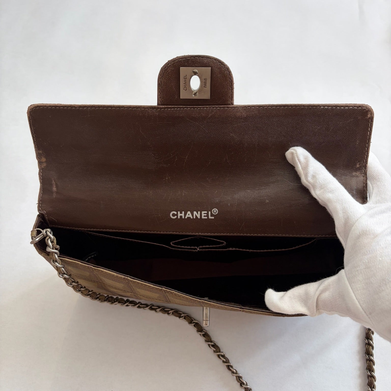 chanel 2000s brown travel ligne flap bag