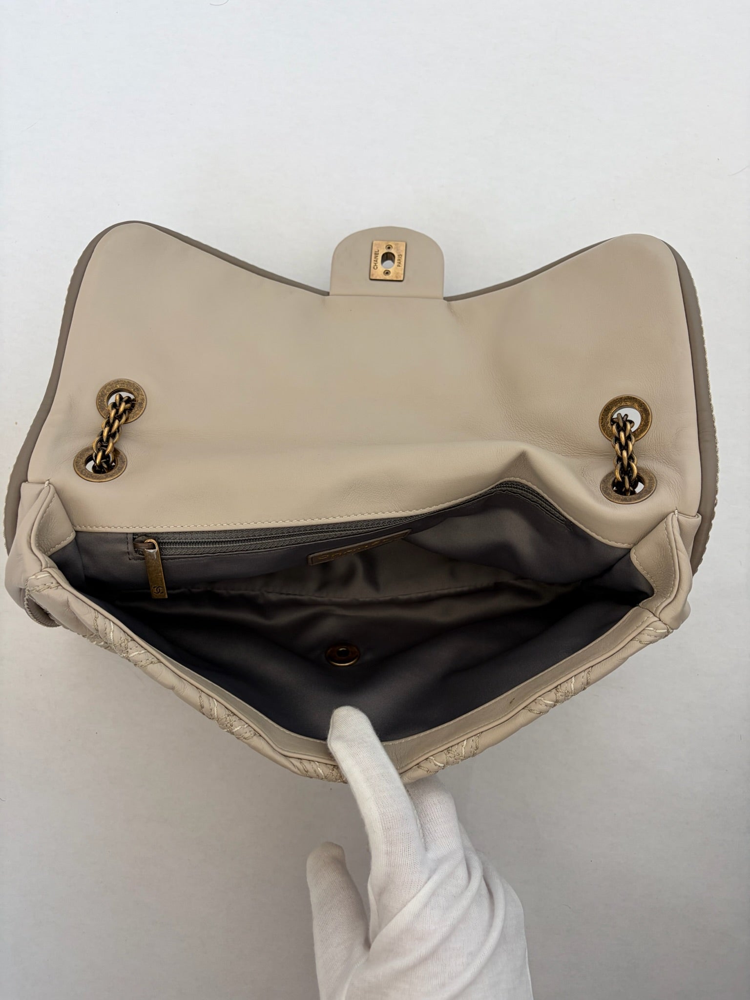 chanel 2010s gray stitched flap bag
