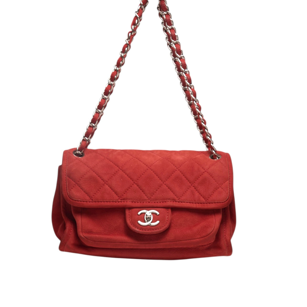 chanel 2000s red suede shoulder bag