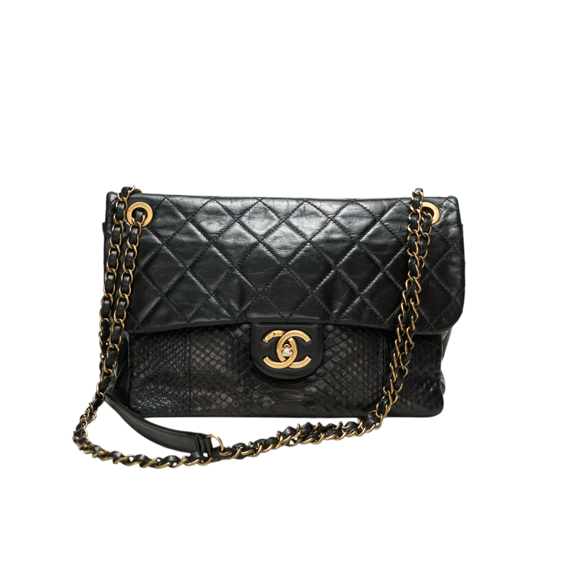 chanel 2010s black python flap bag