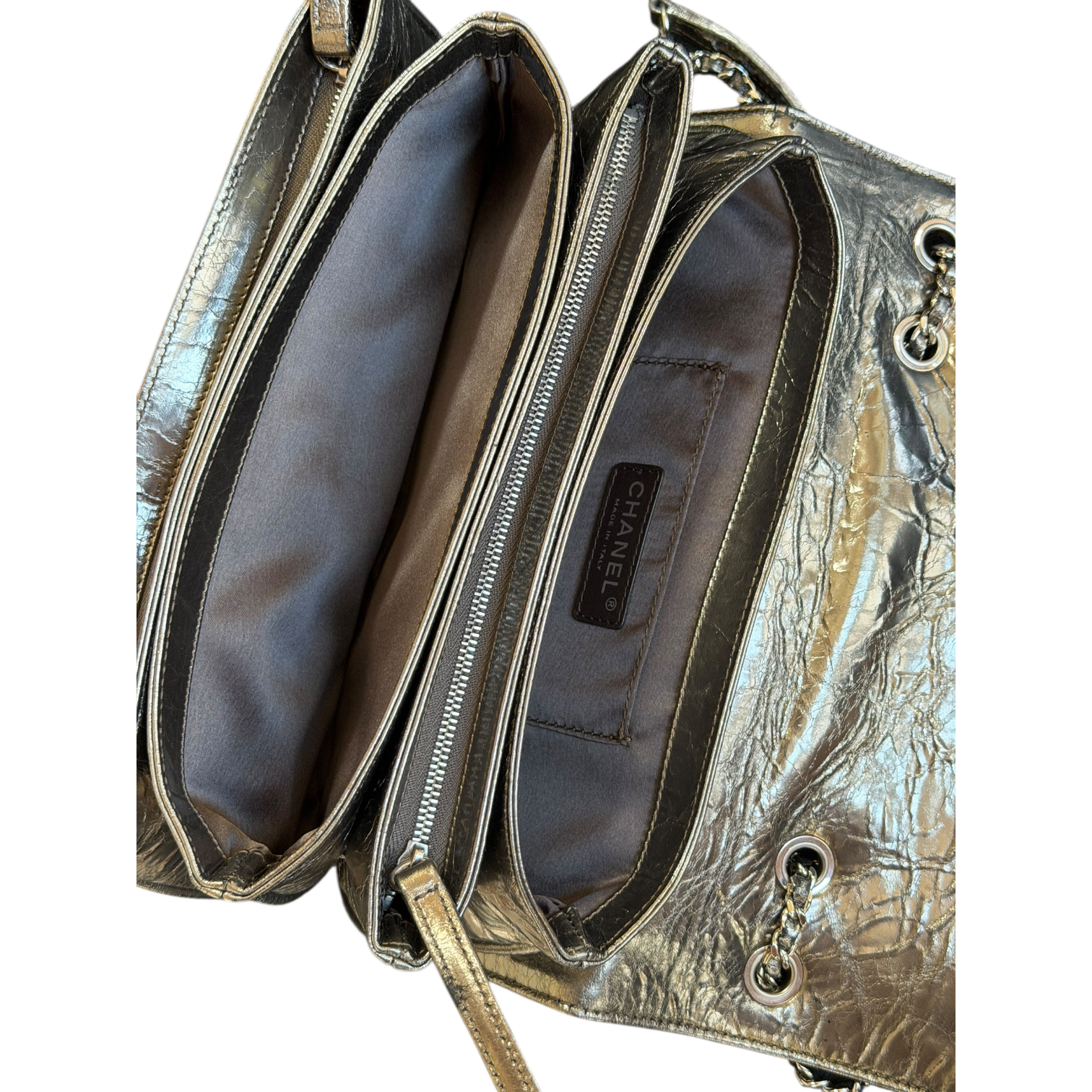 chanel 2010s silver metallic flap bag