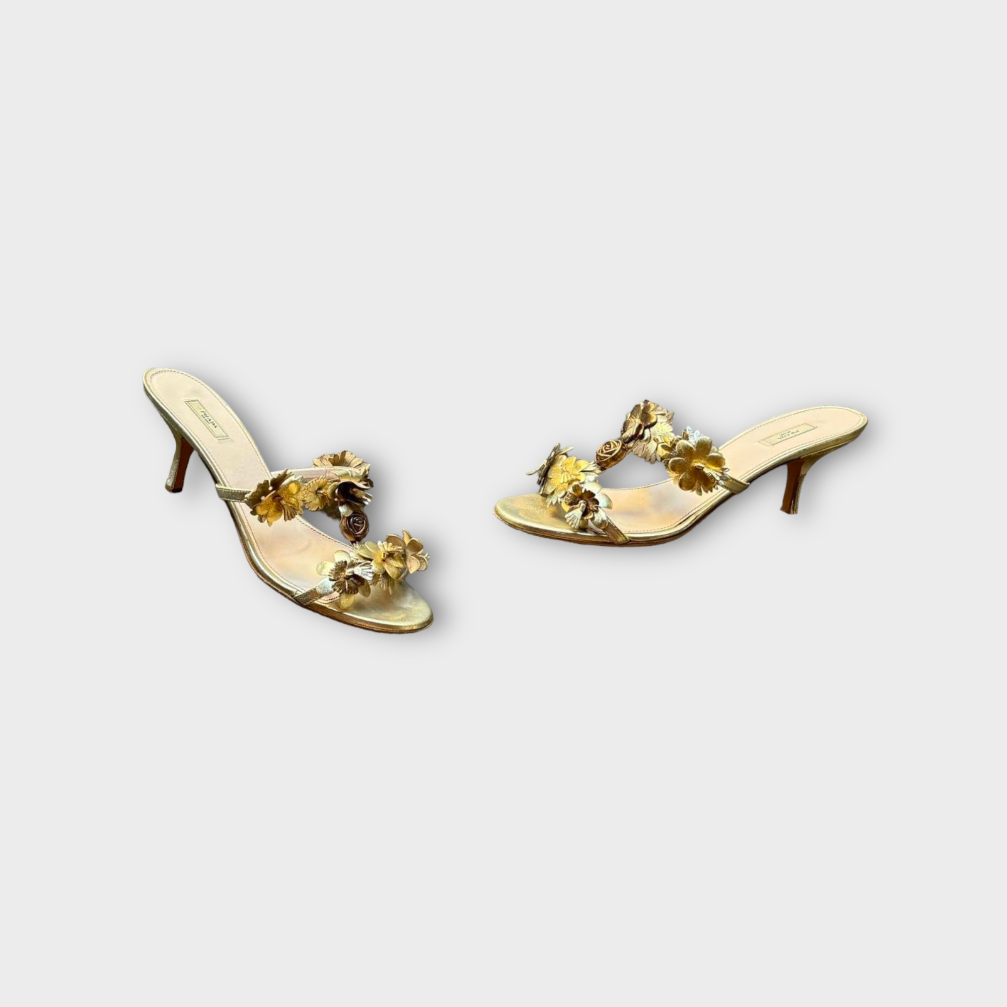 prada 2000s gold floral kitten heels