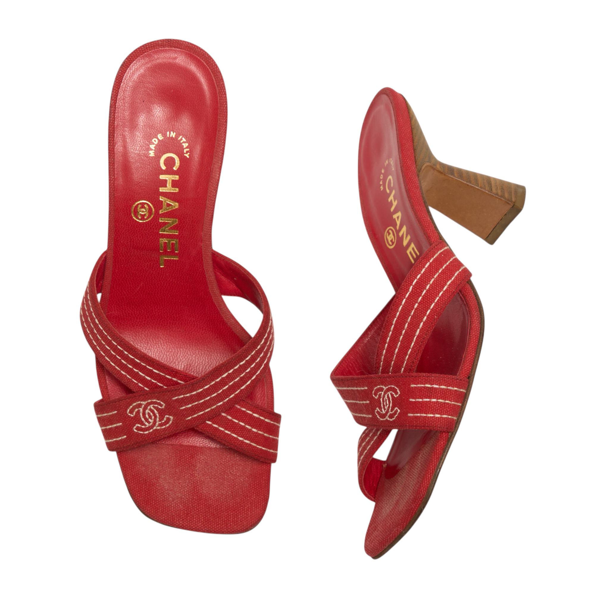chanel 2000s red denim cross cross sandal heels