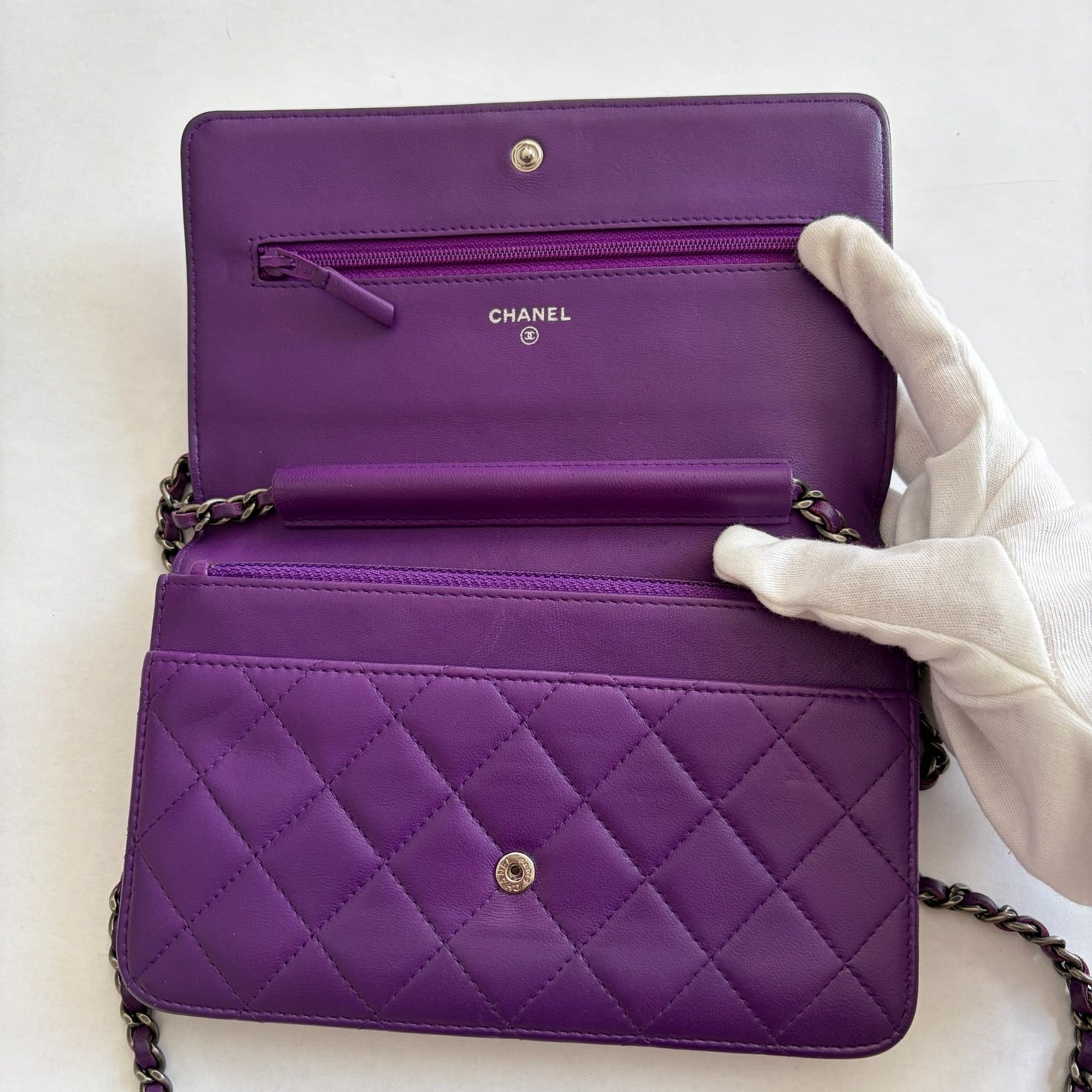 chanel purple wallet on chain bag