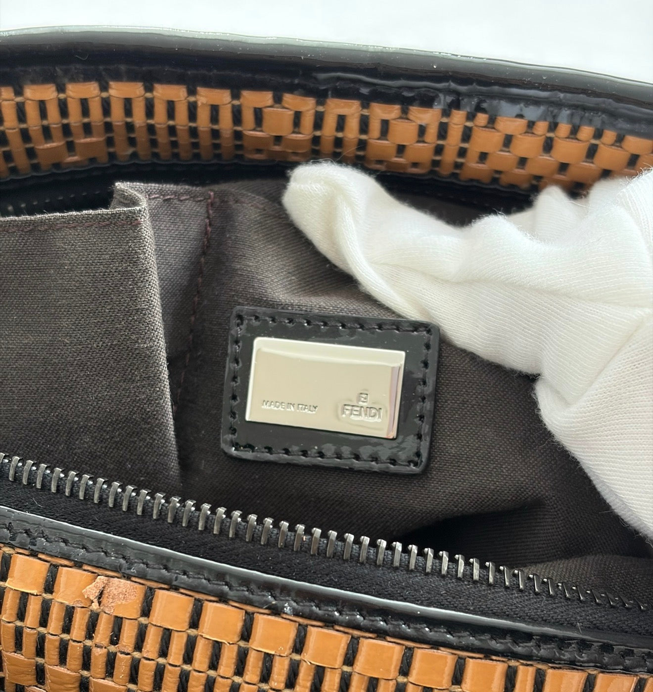 fendi woven patent hobo bag