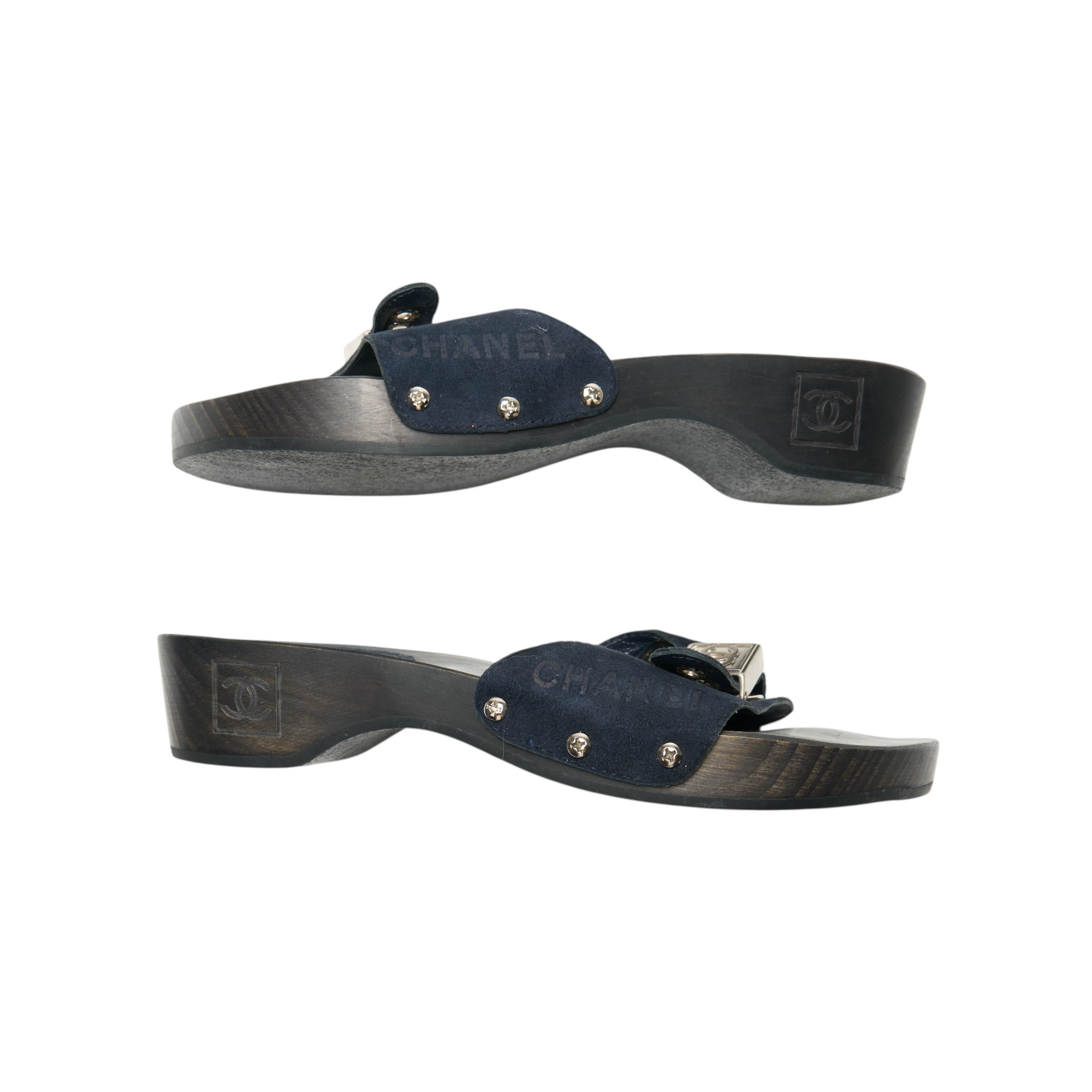 chanel 2000s navy clog mules