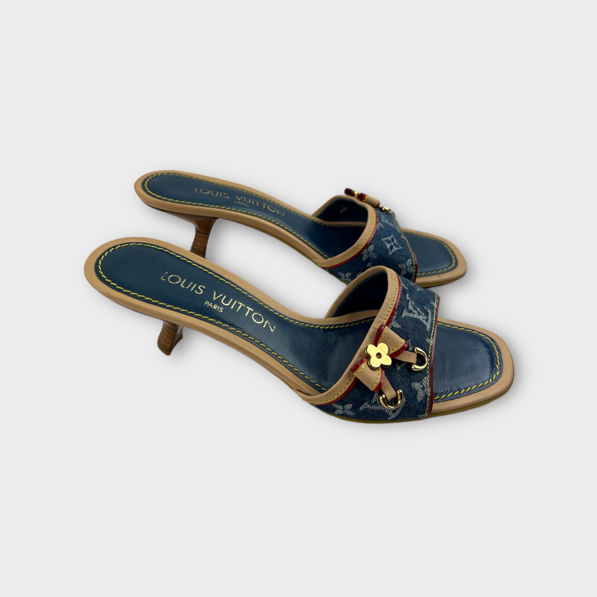 louis vuitton 2000s denim bow kitten heels