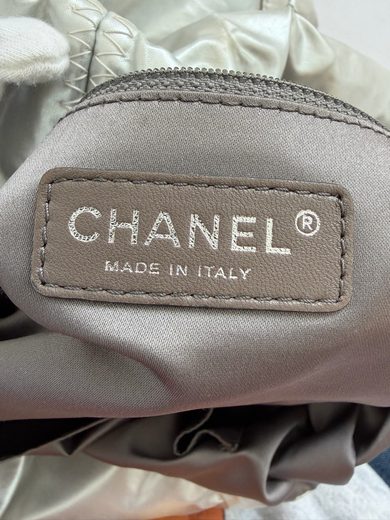 chanel 2000s silver fluffy tote bag
