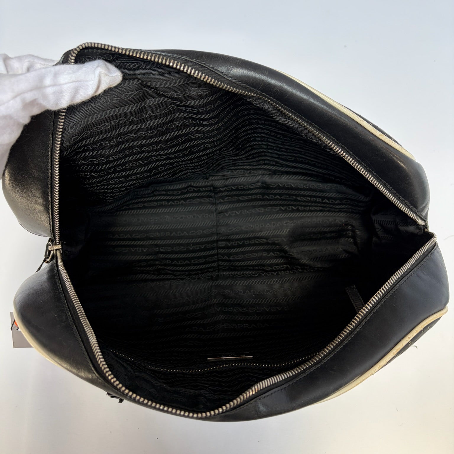 prada s/s 2000 black bowler bag with white trim