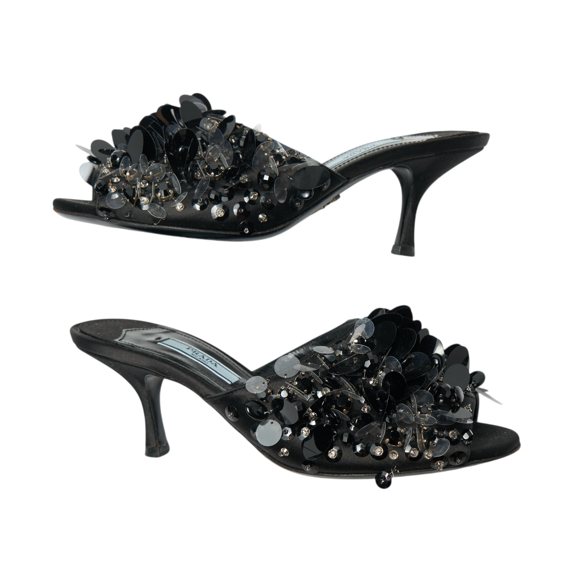 prada 2000s black sequin heels