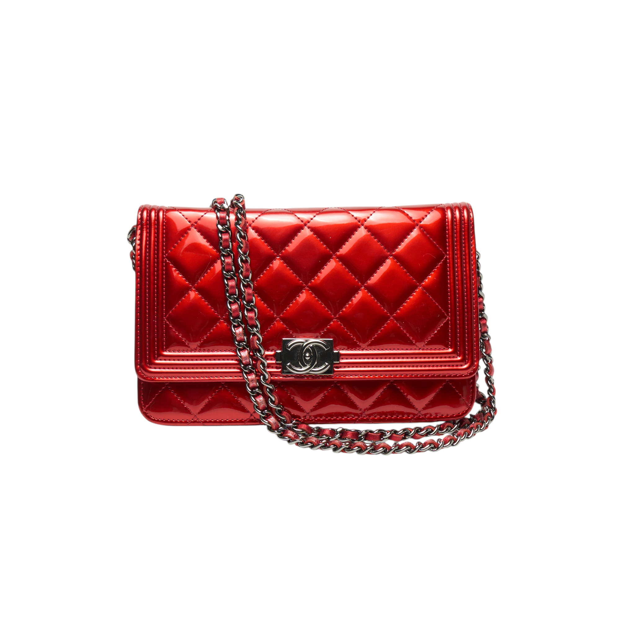 chanel patent red wallet on chain bag