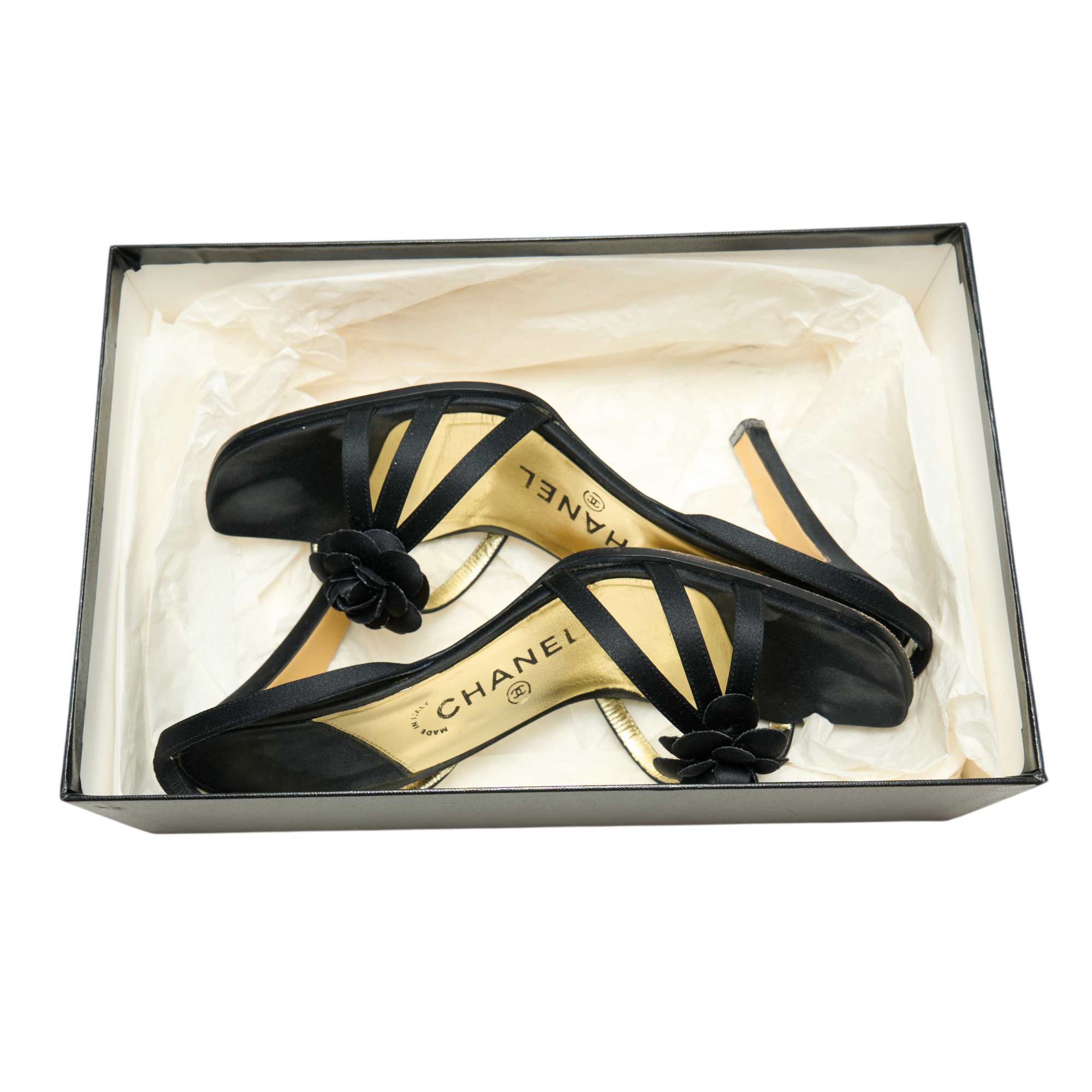 chanel 2000s black camellia sandal heels