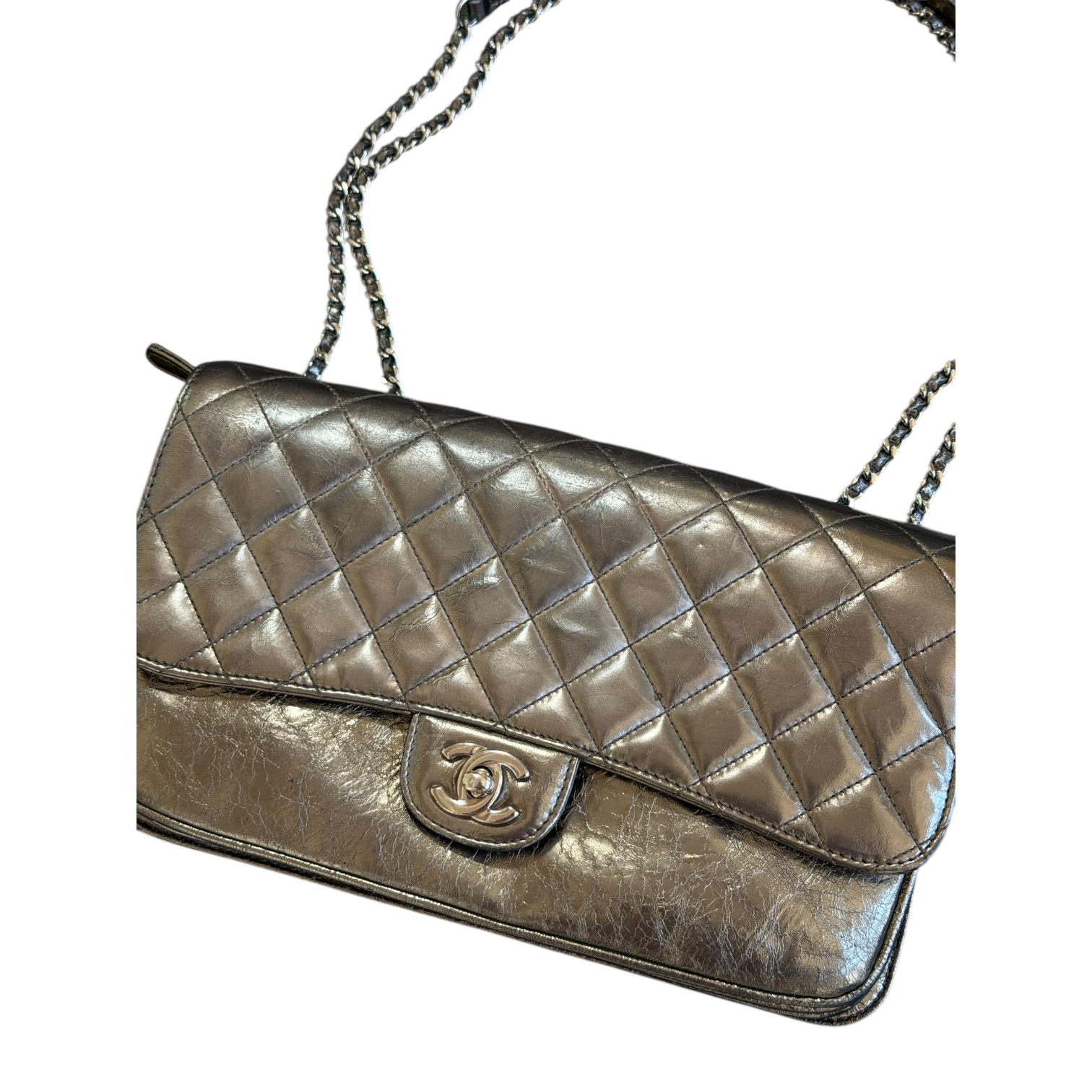 chanel 2010s silver metallic flap bag