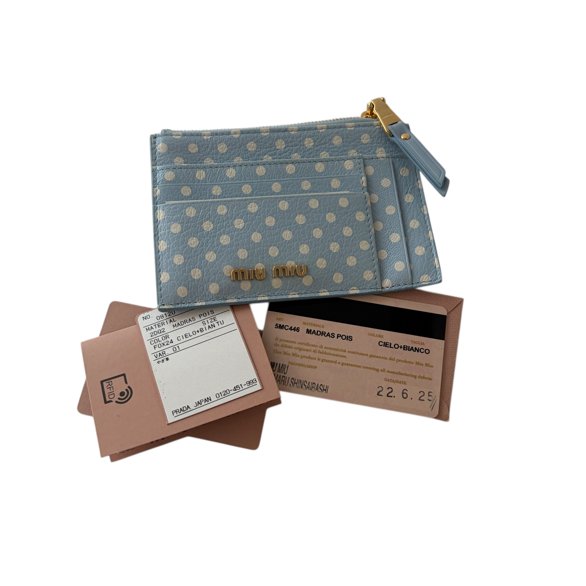 miu miu blue polka dot wallet