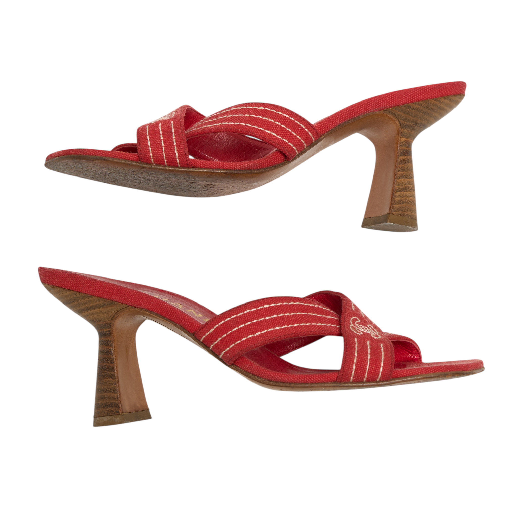 chanel 2000s red denim cross cross sandal heels
