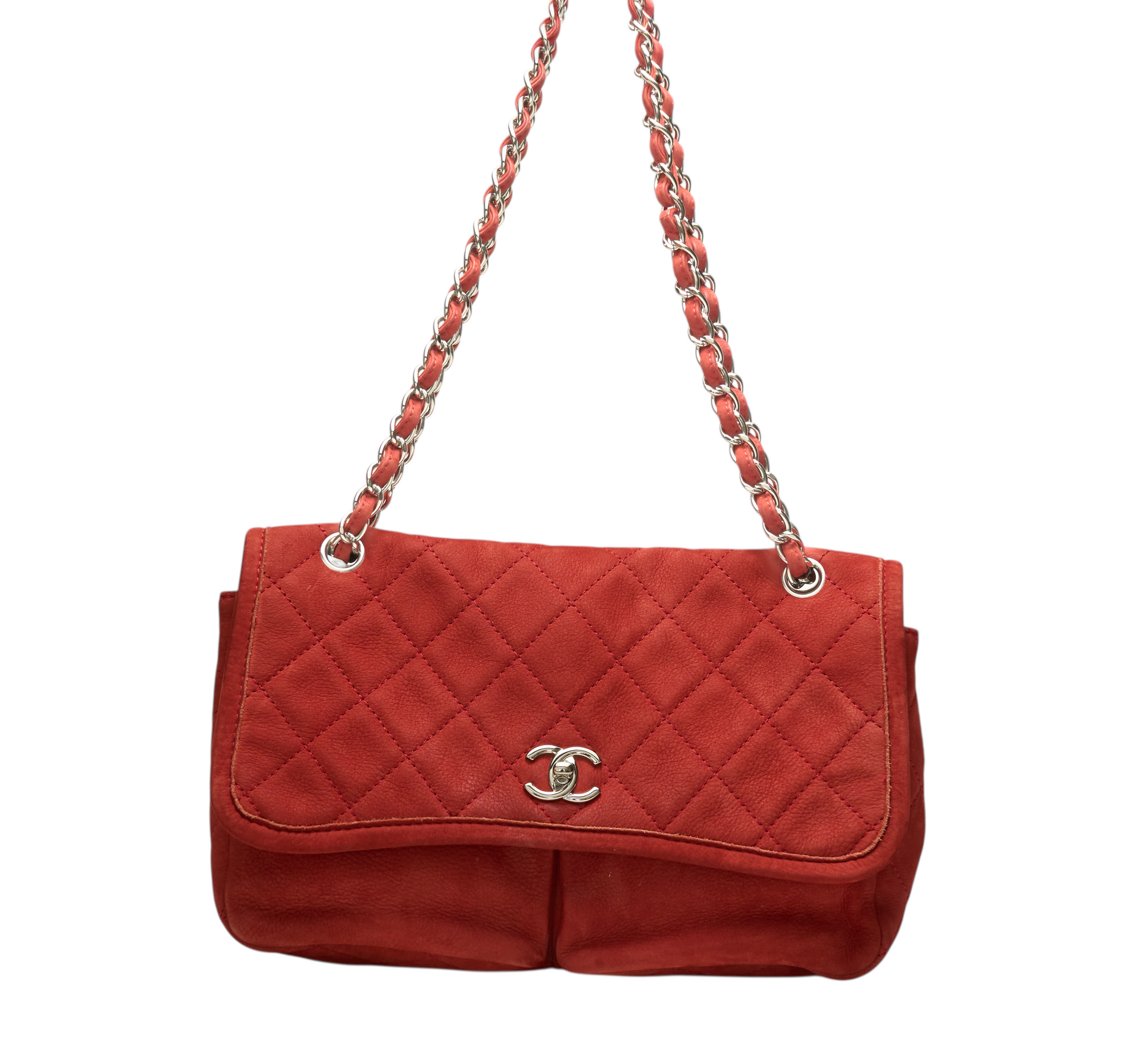 chanel 2000s red suede flap bag