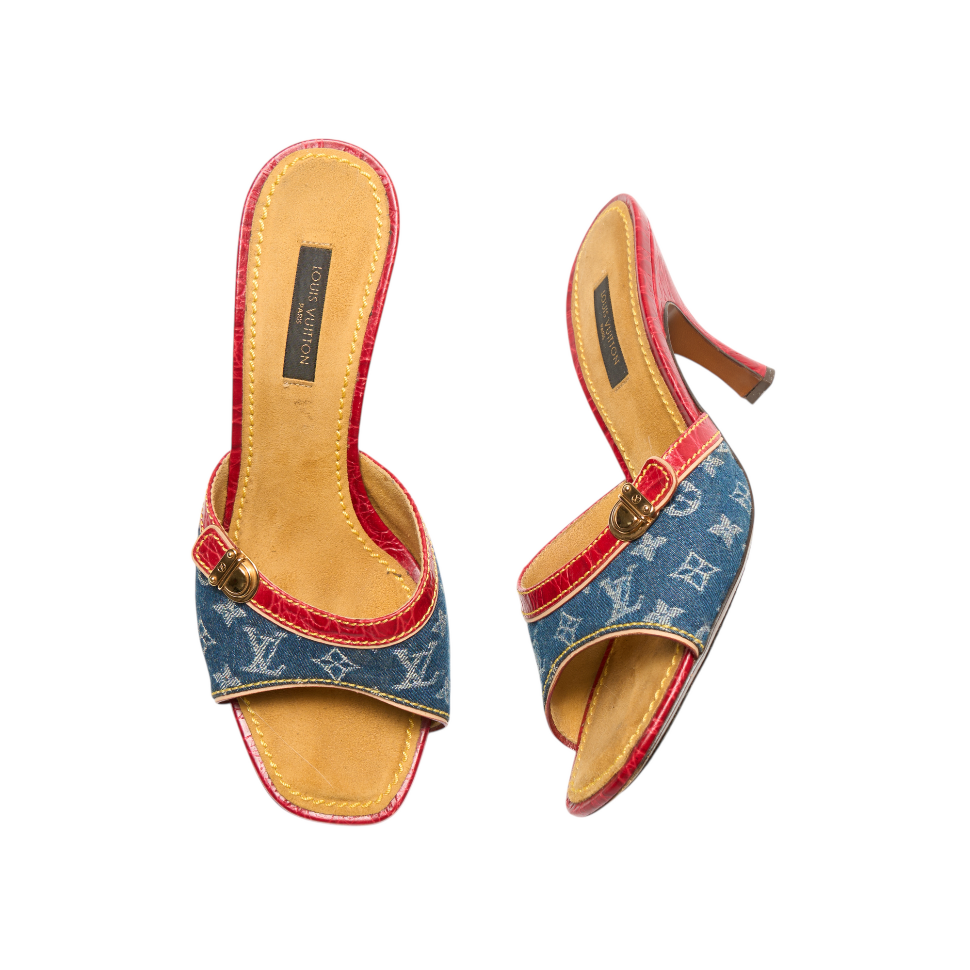 louis vuitton 2000s red trim denim heels