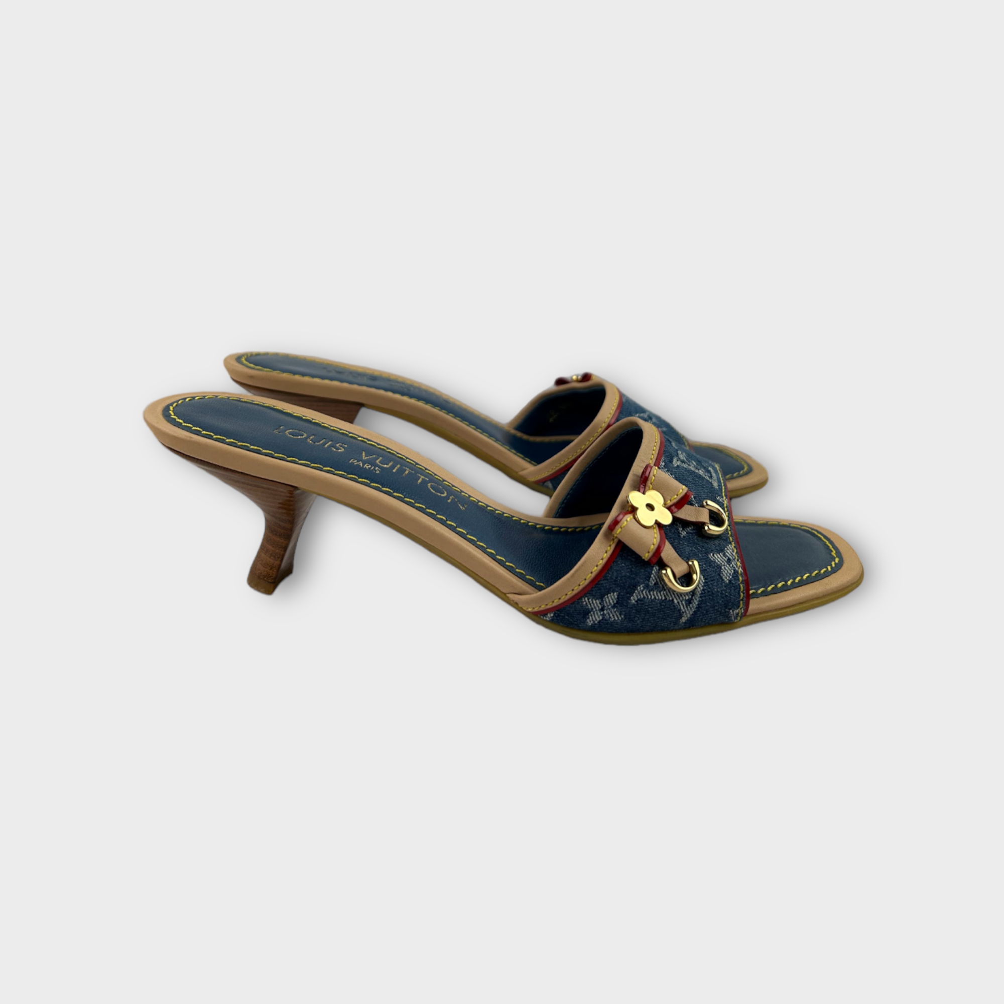 louis vuitton 2000s denim bow kitten heels