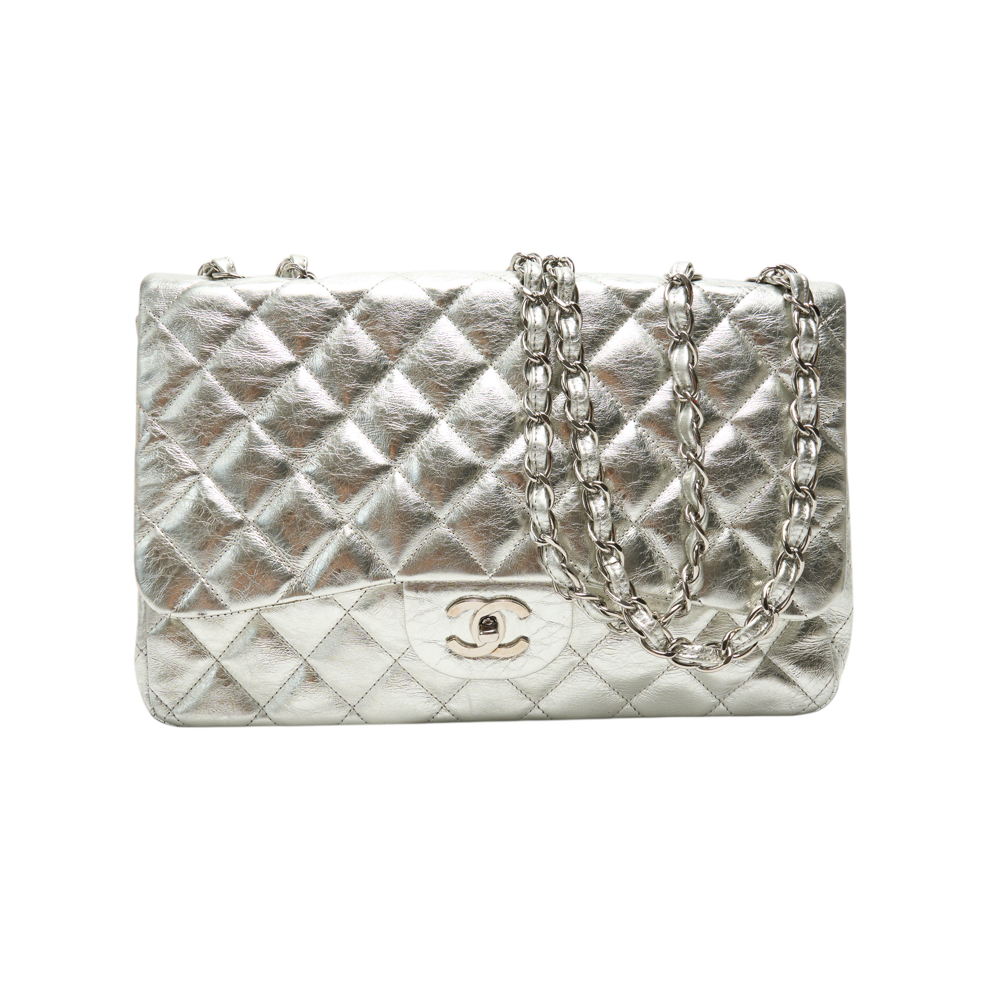 chanel 2010s silver large classic flap bag