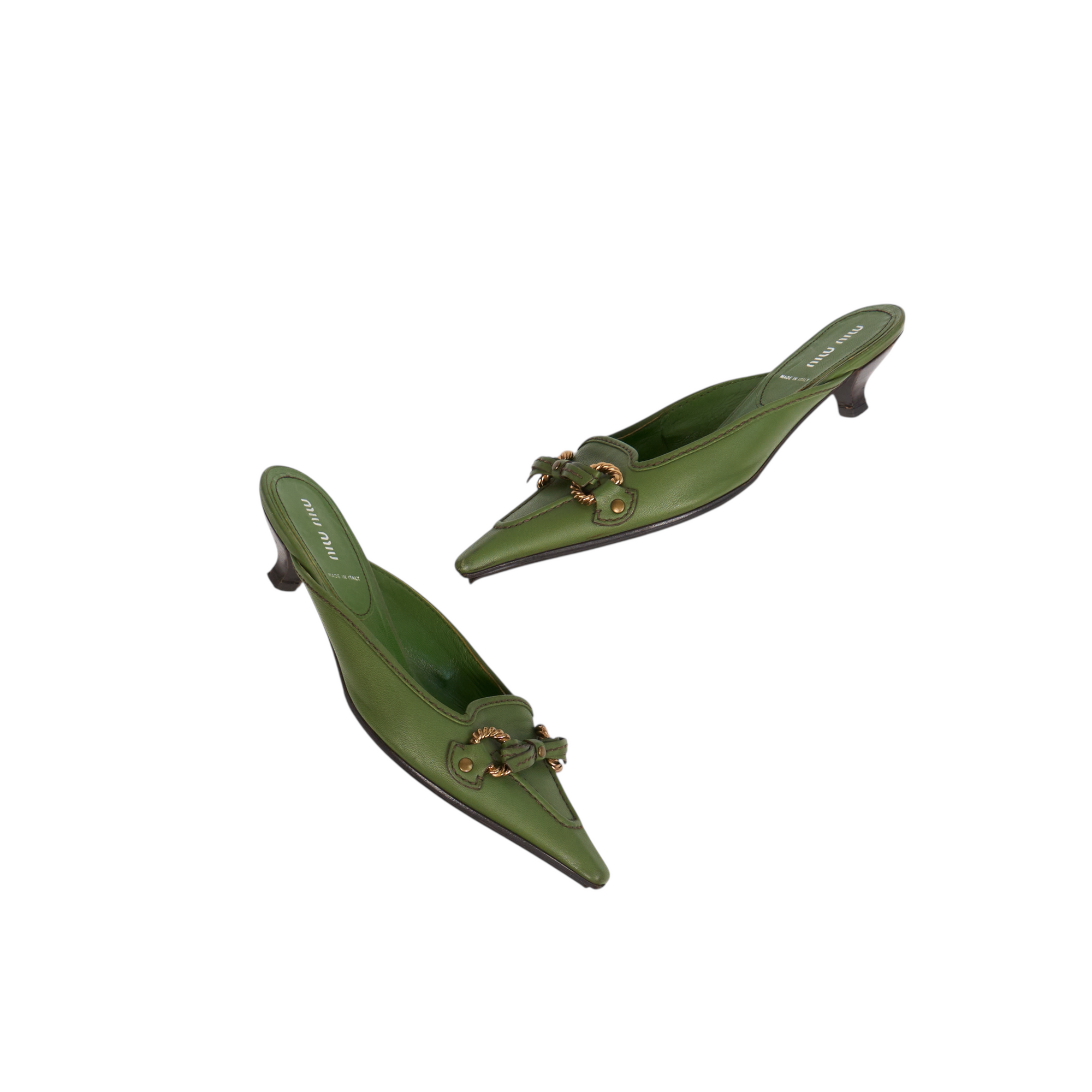 miu miu 2000s green pointed kitten heels