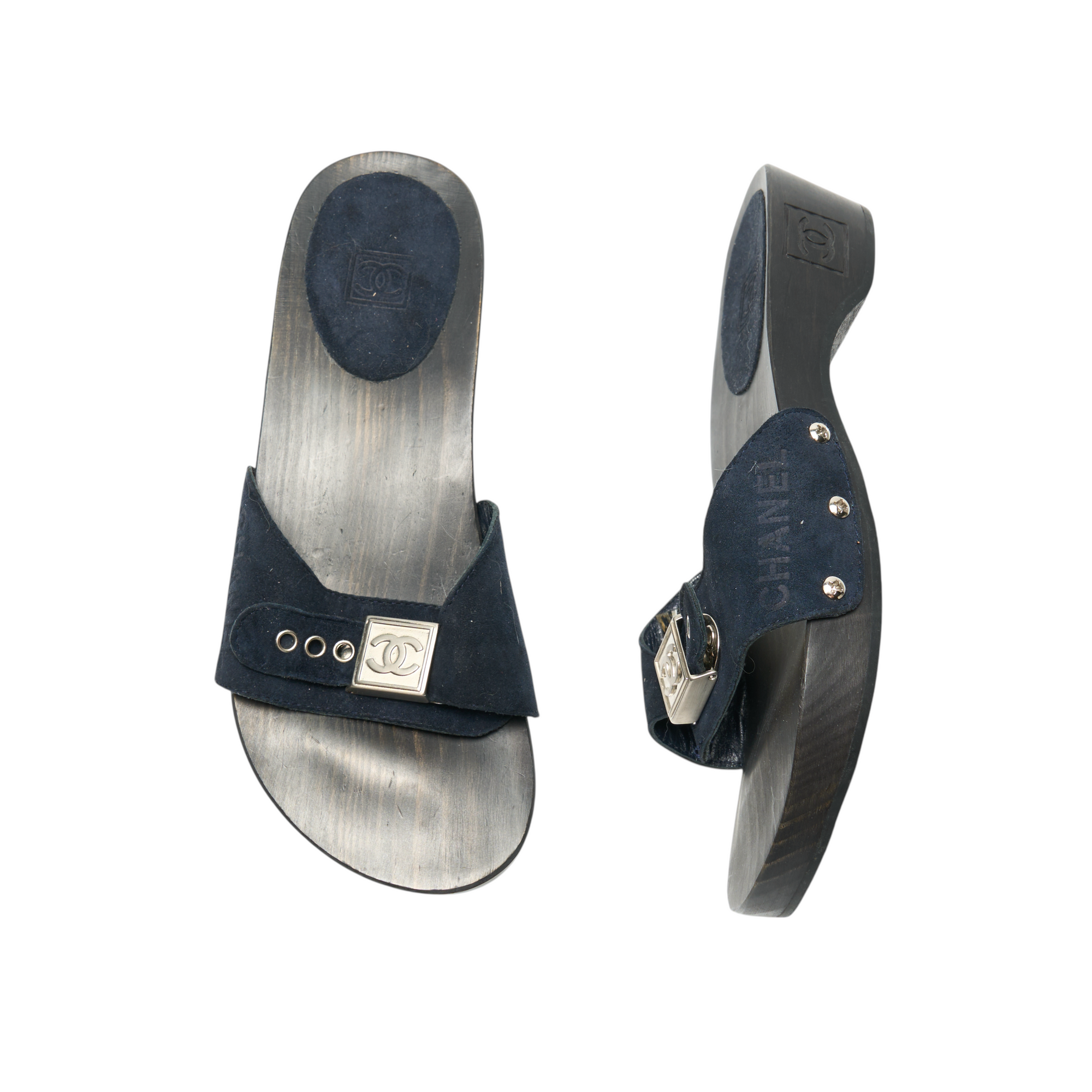 chanel 2000s navy clog mules