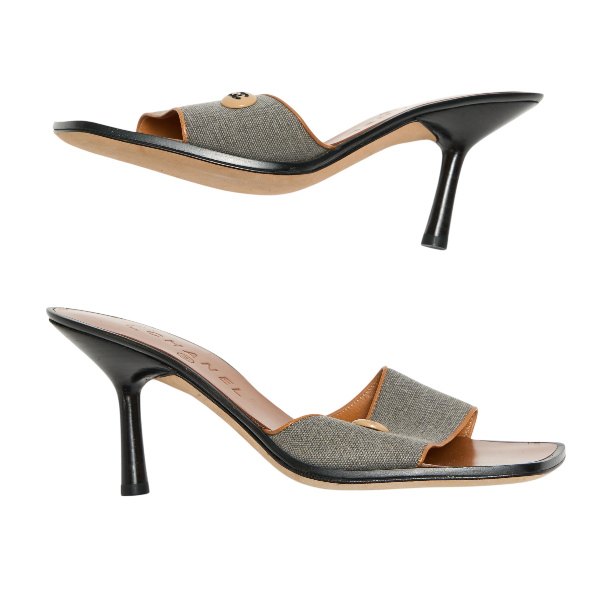 chanel 2000s gray denim sandal heels