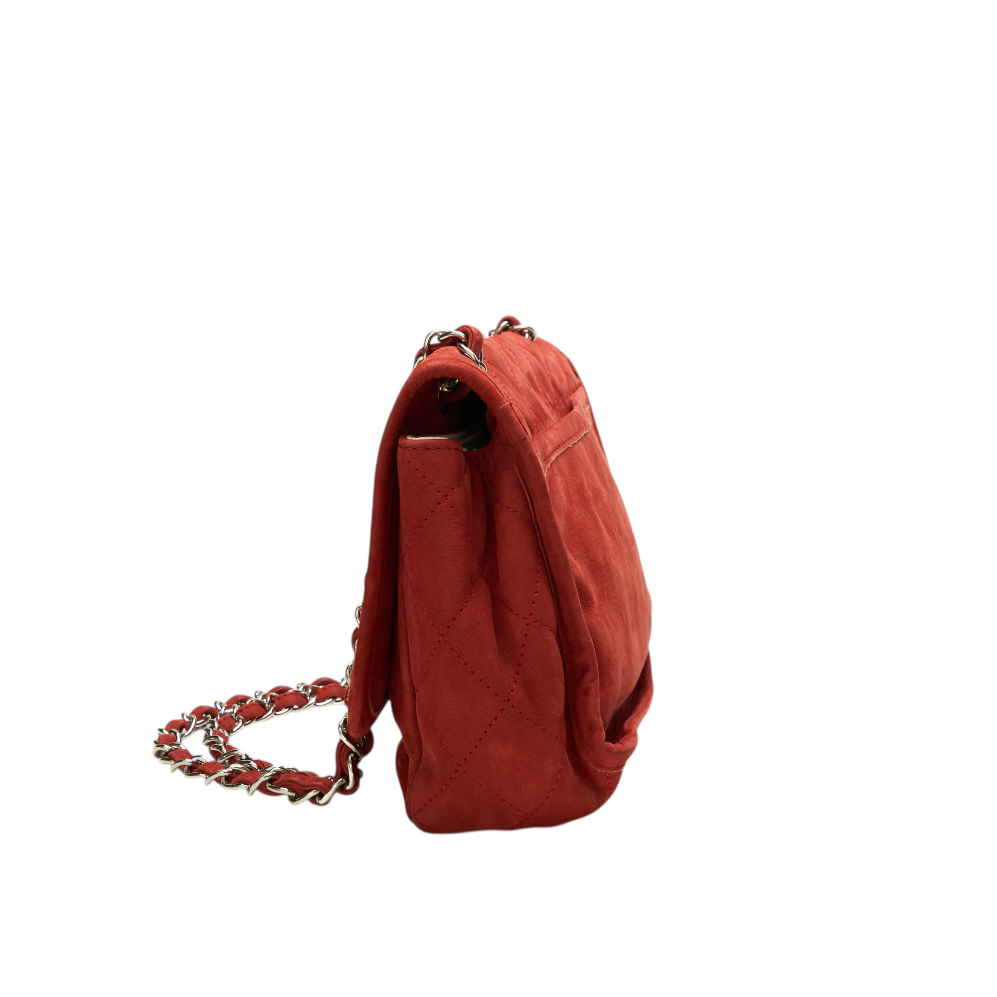 chanel 2000s red suede flap bag