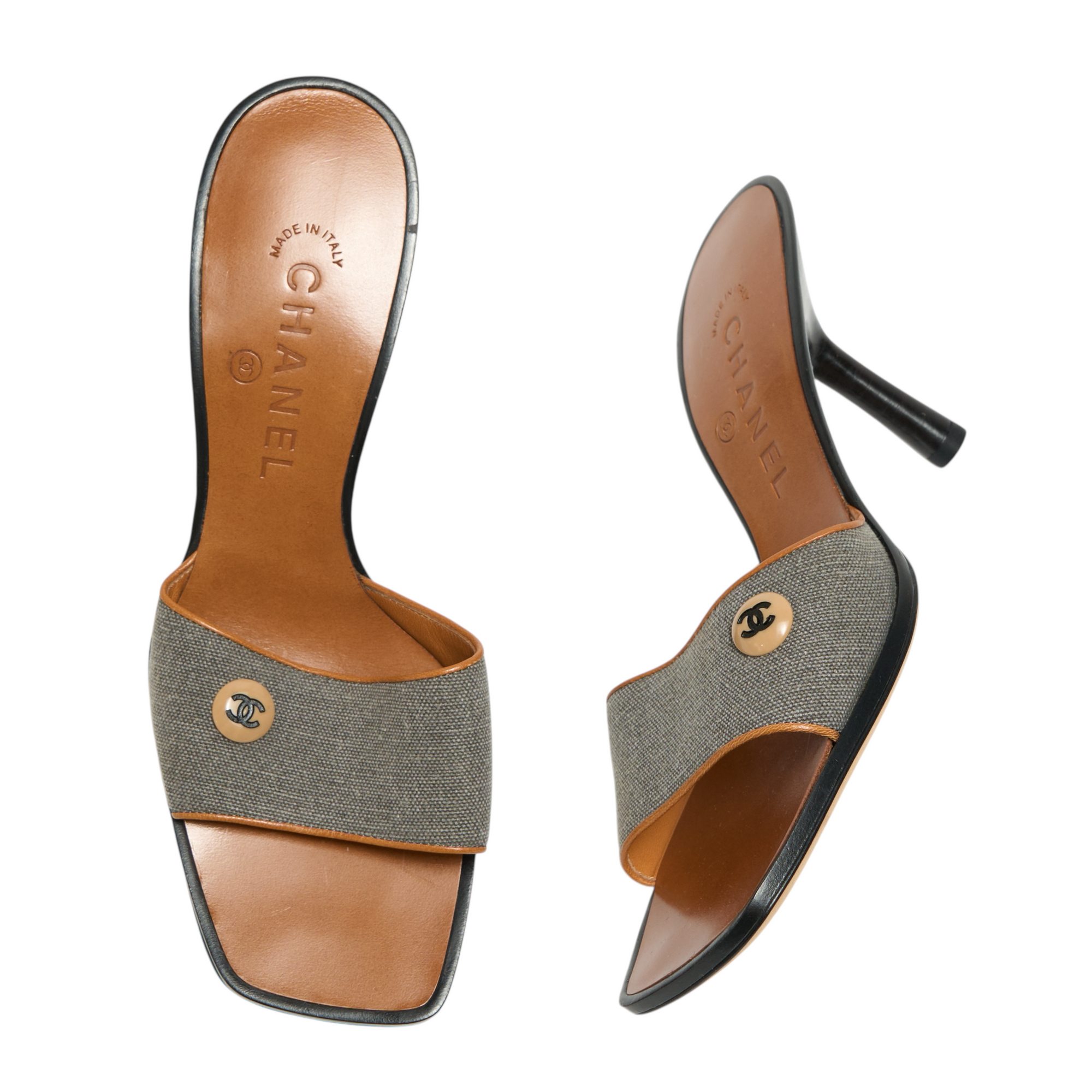 chanel 2000s gray denim sandal heels