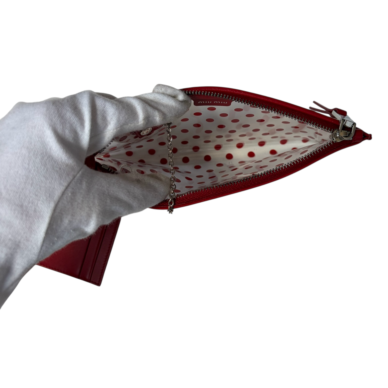 miu miu red polka dot wallet wristlet