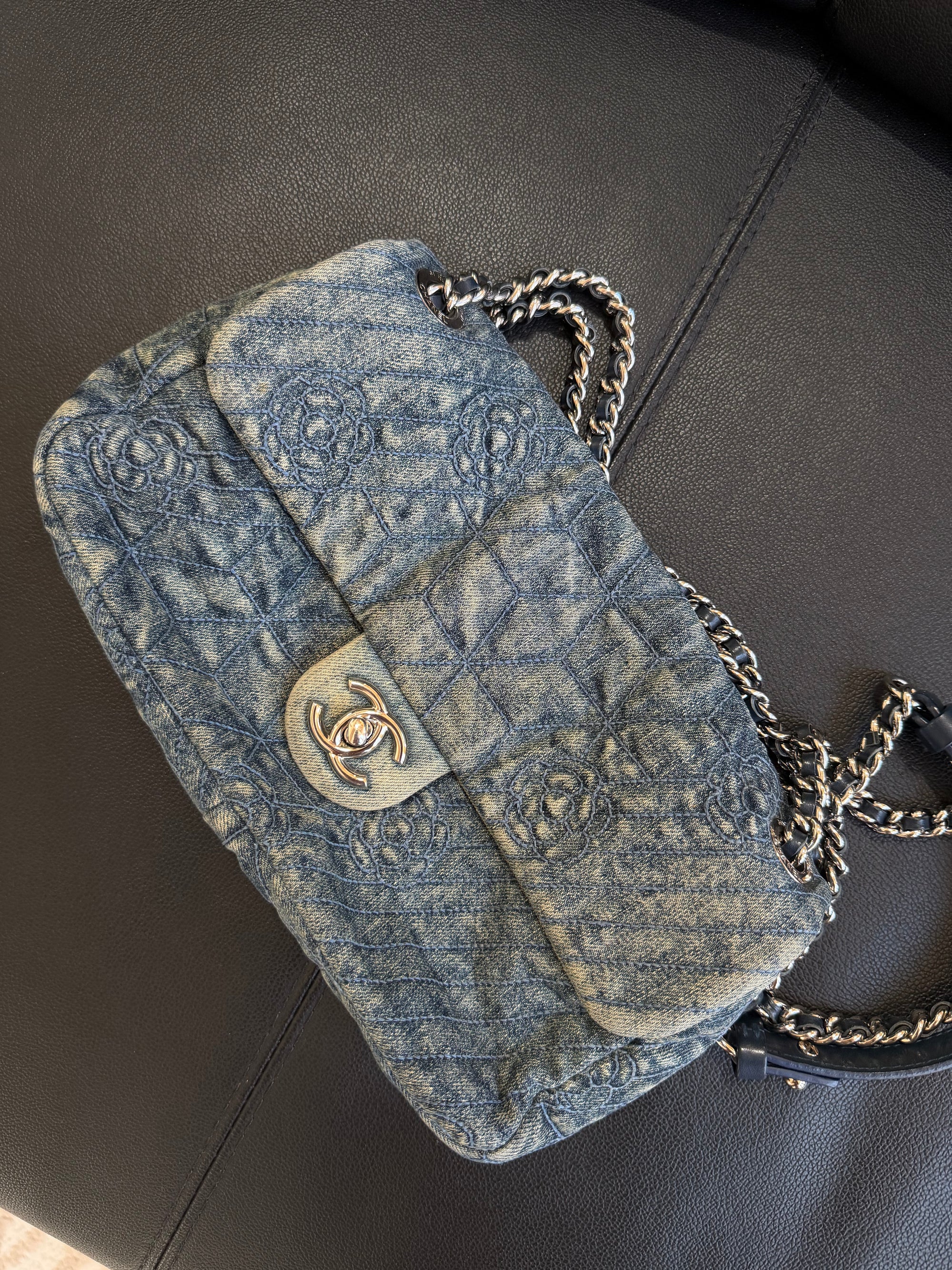 chanel 2000s floral denim flap bag