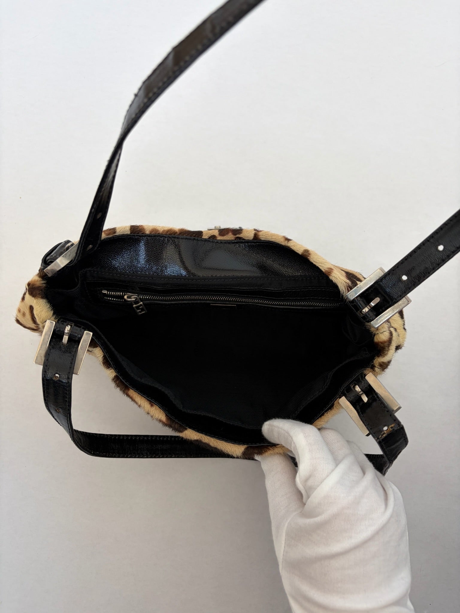 fendi 2000s leopard pony hair baguette bag