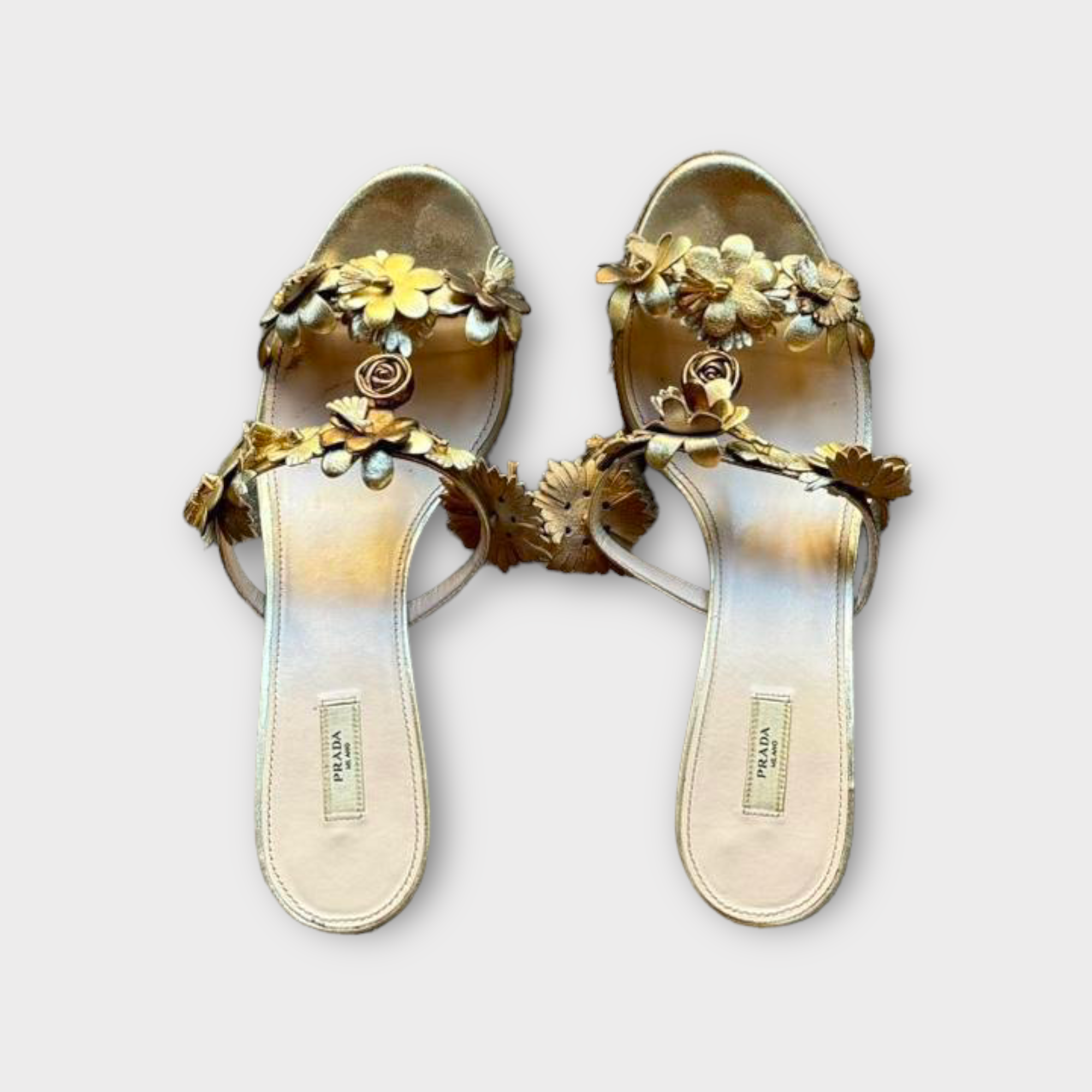 prada 2000s gold floral kitten heels