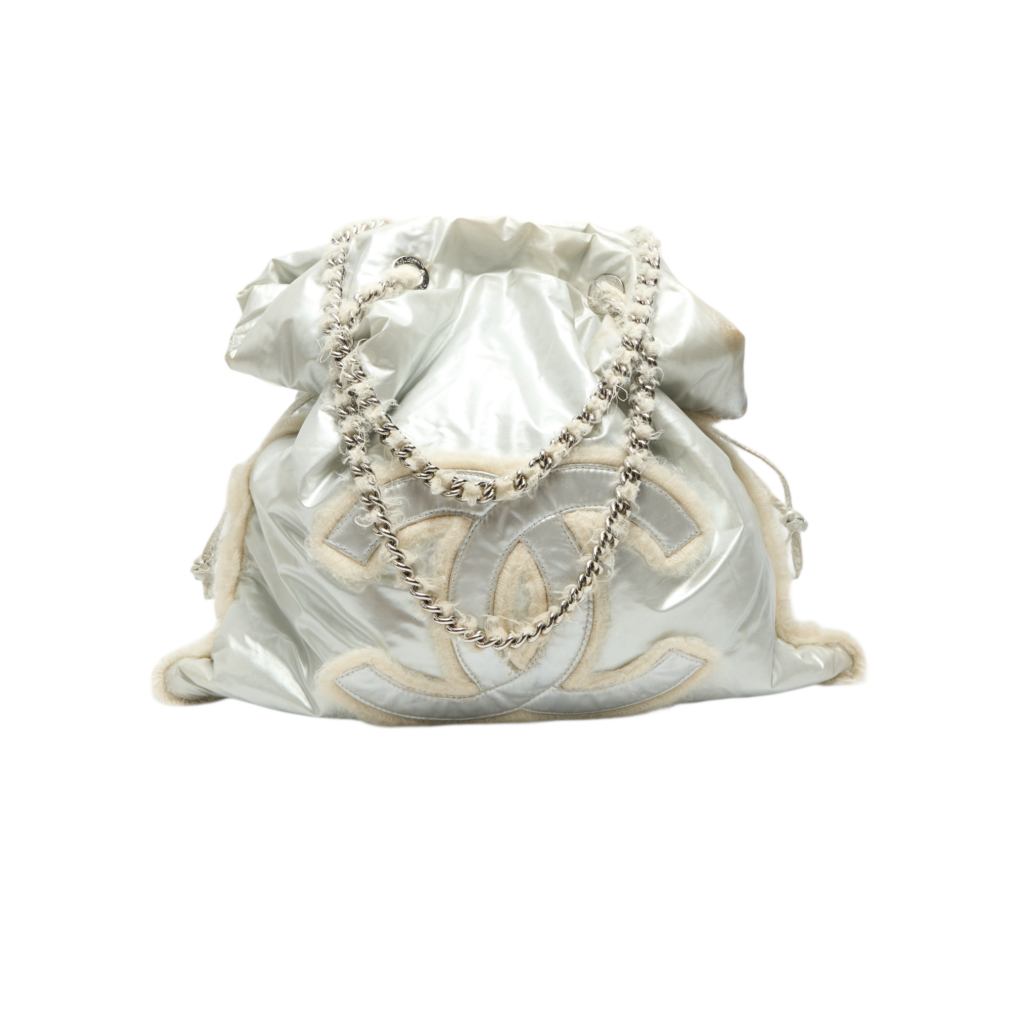 chanel 2000s silver fluffy tote bag