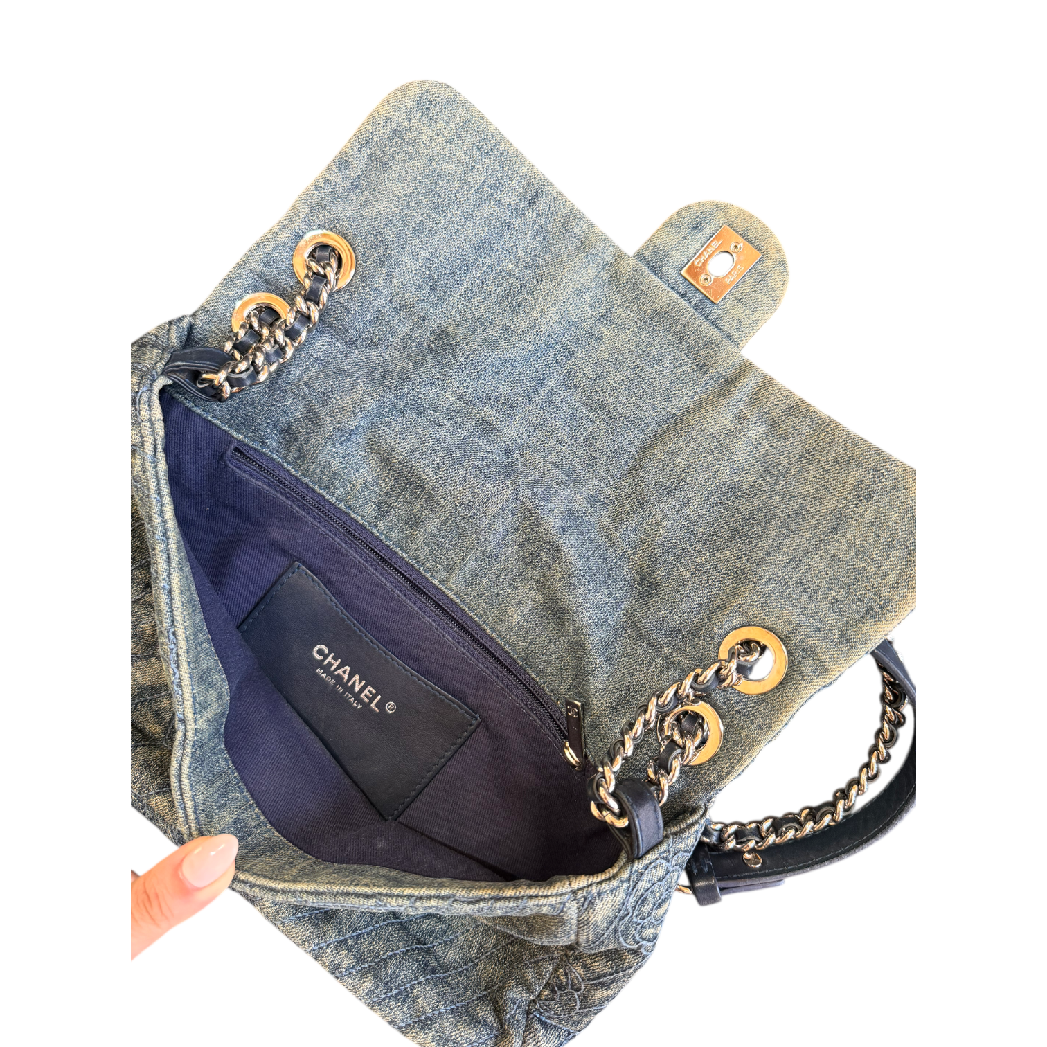 chanel 2000s floral denim flap bag