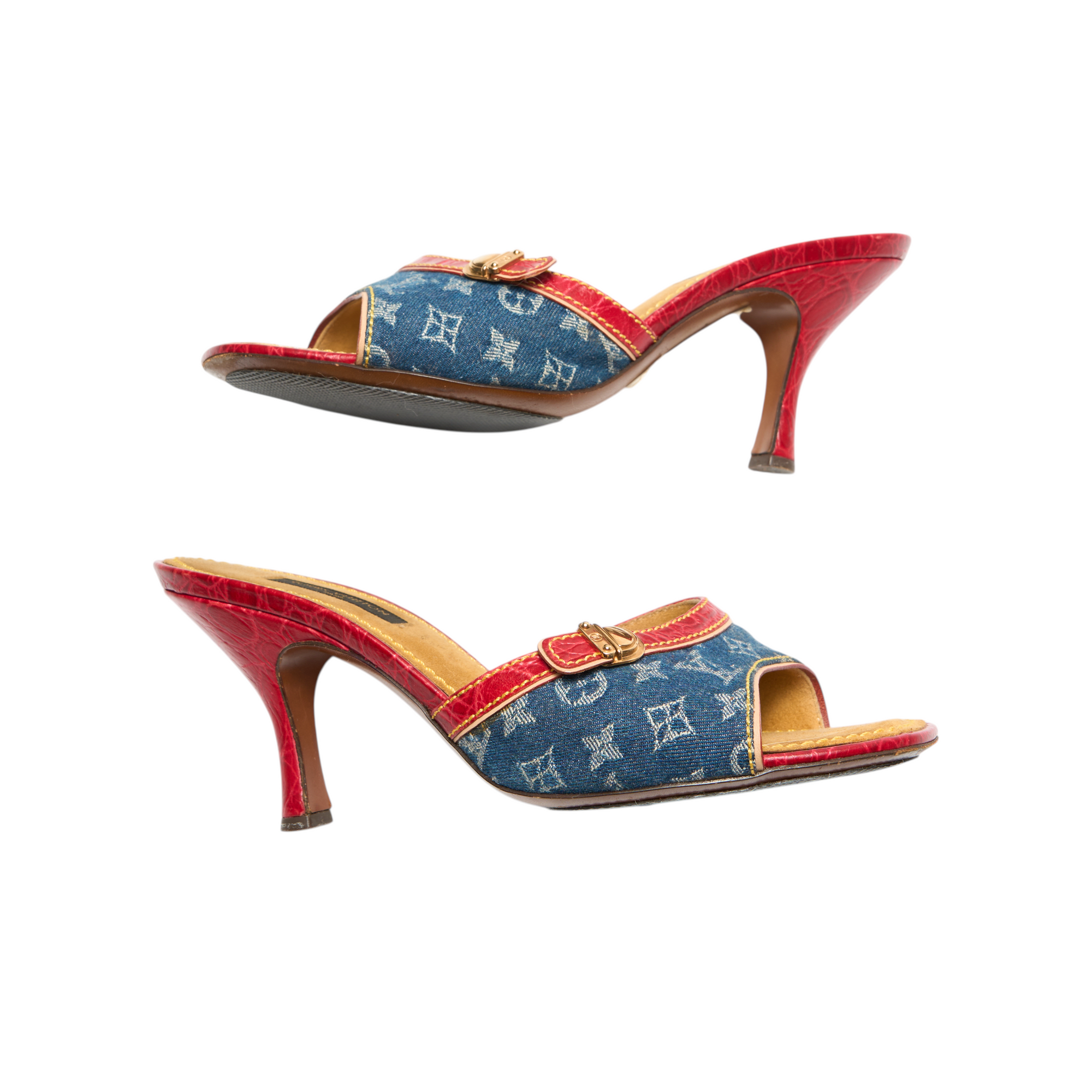 louis vuitton 2000s red trim denim heels