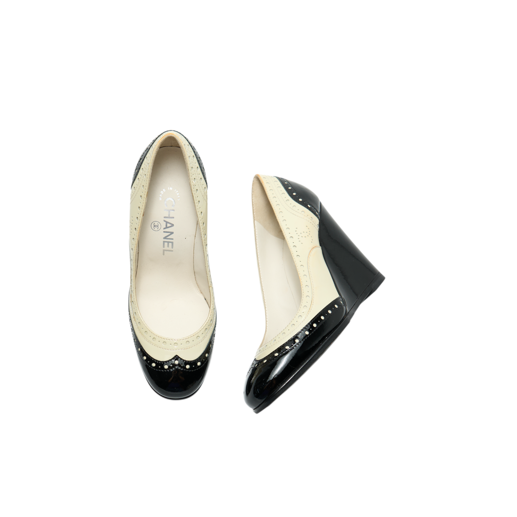 chanel 2000s black and white wedge heels