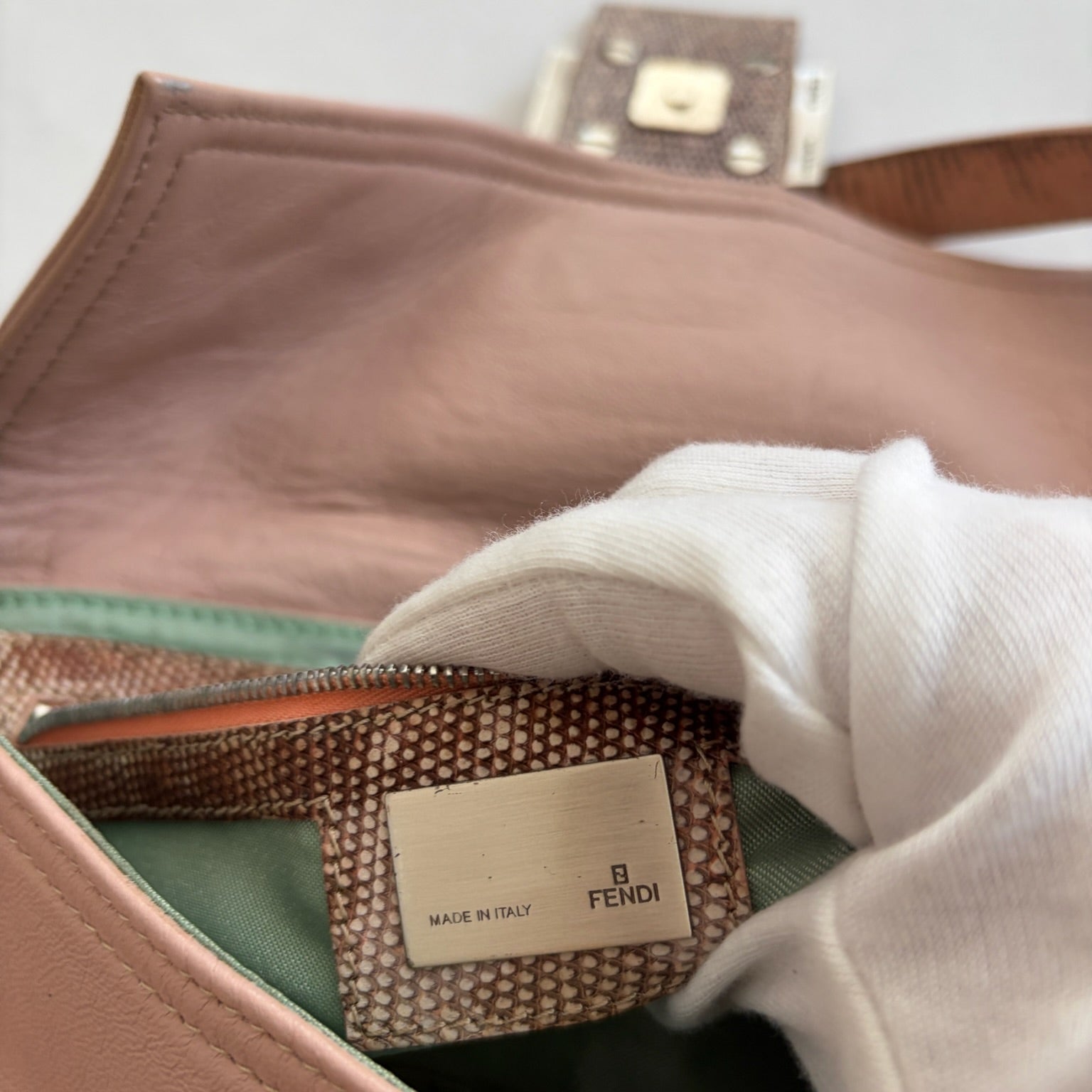 fendi 2000s light pink python baguette bag