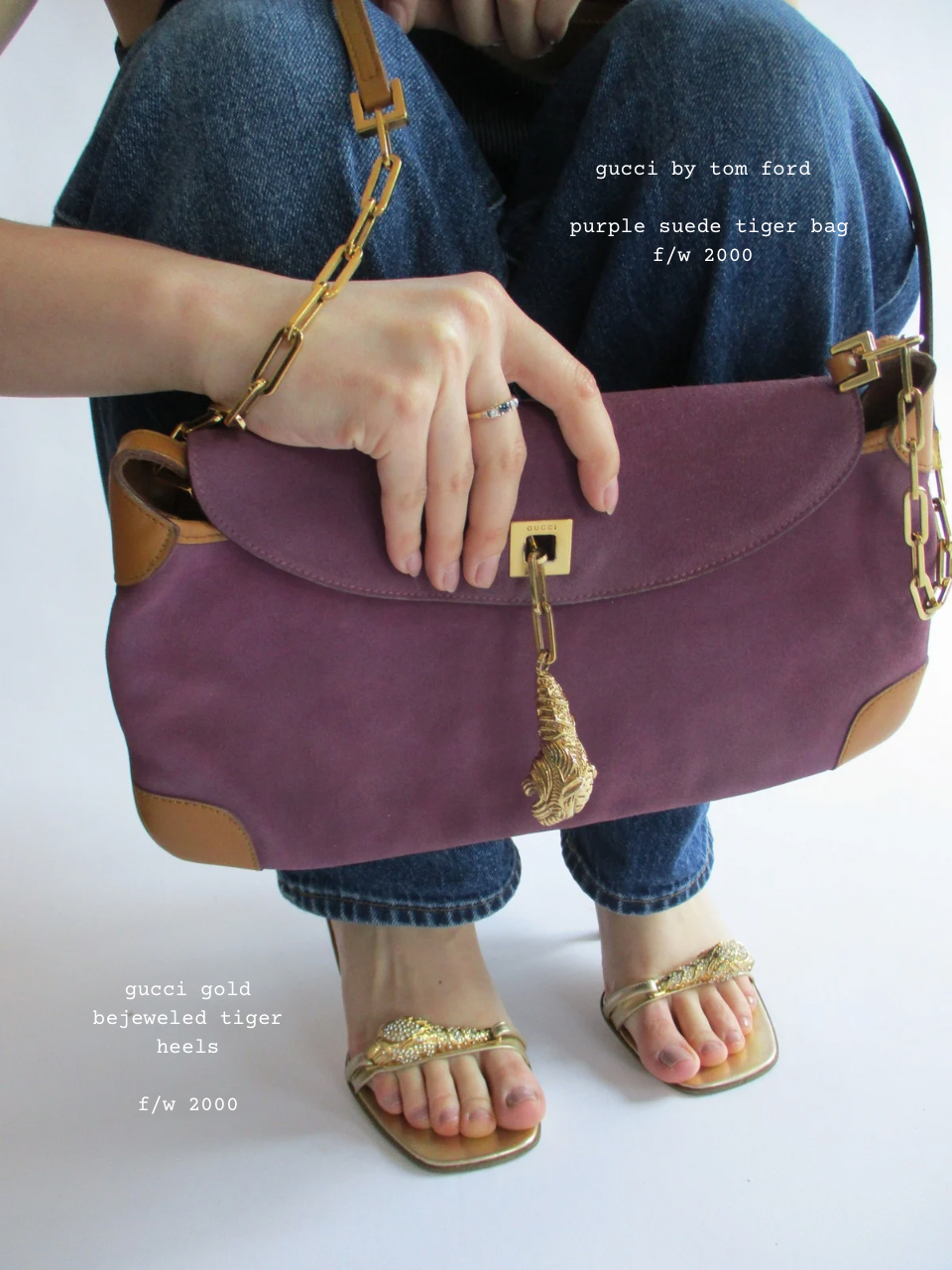 gucci f/w 2000 purple suede tiger bag