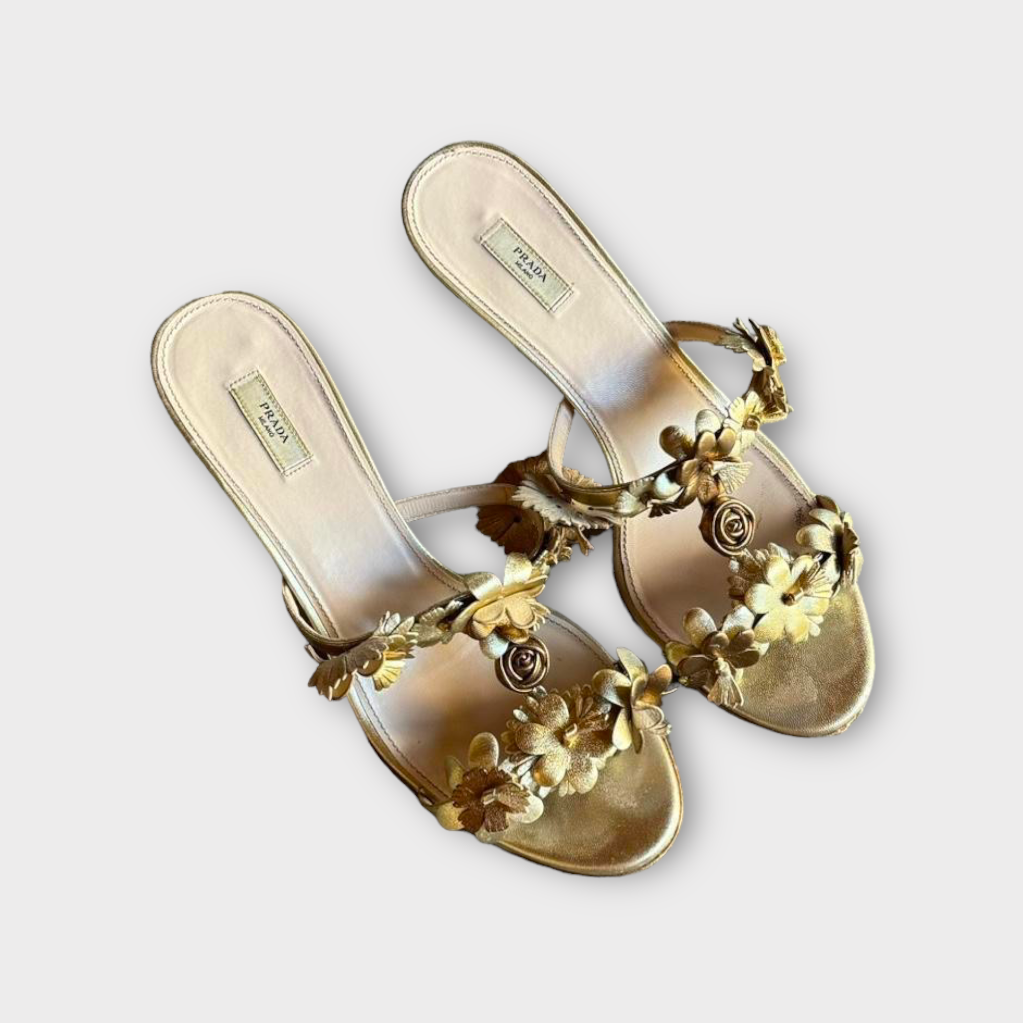 prada 2000s gold floral kitten heels