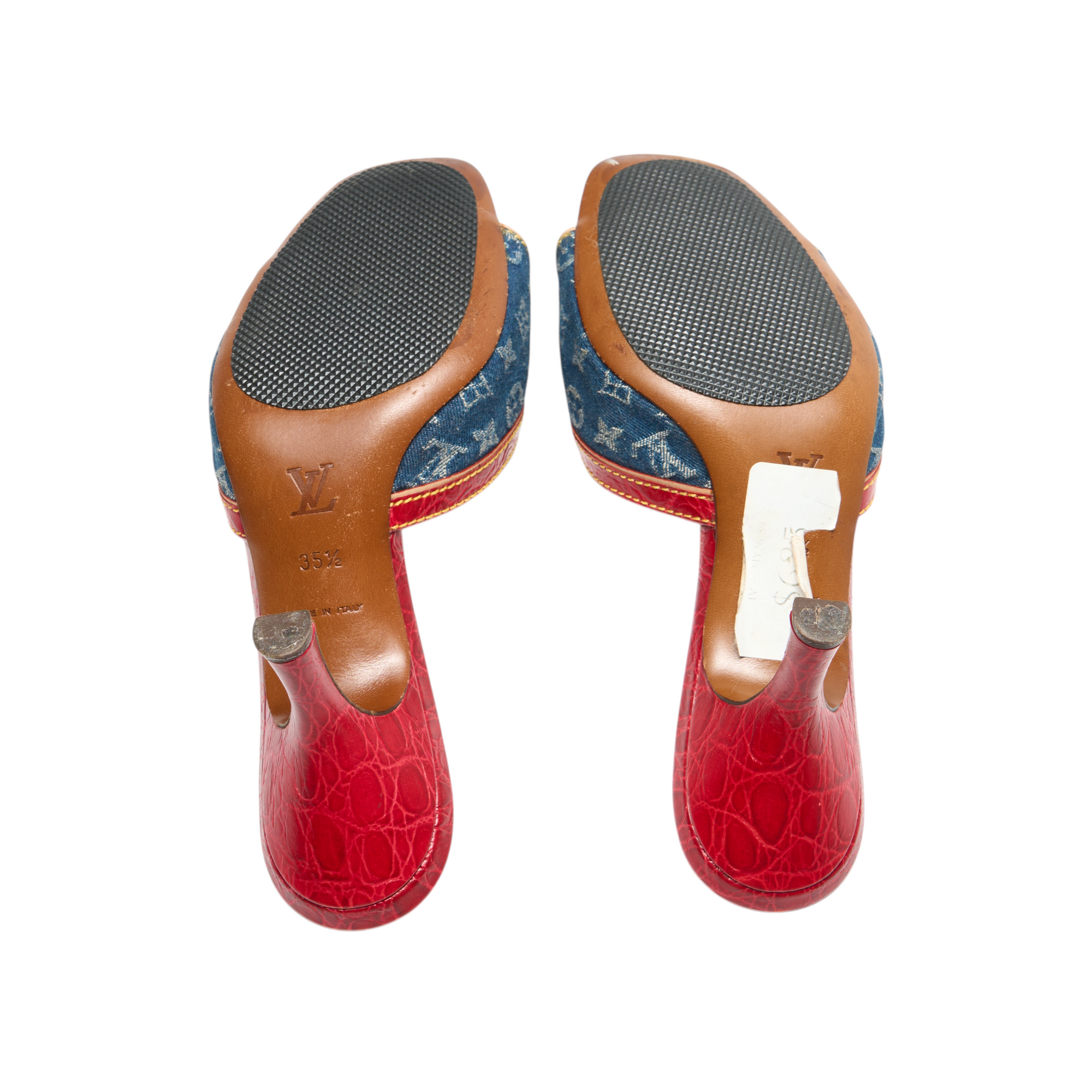 louis vuitton 2000s red trim denim heels