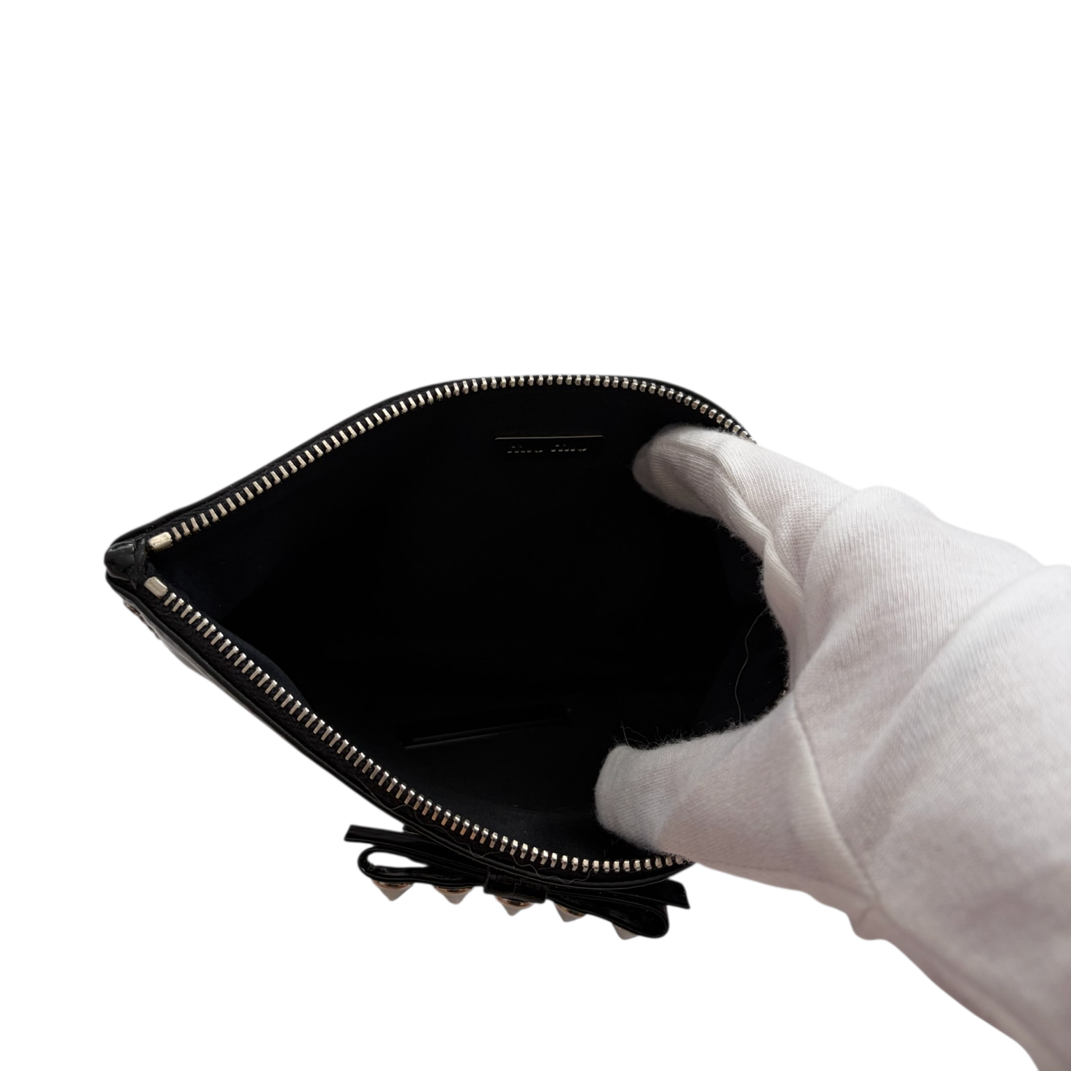 miu miu black patent studded bow wallet