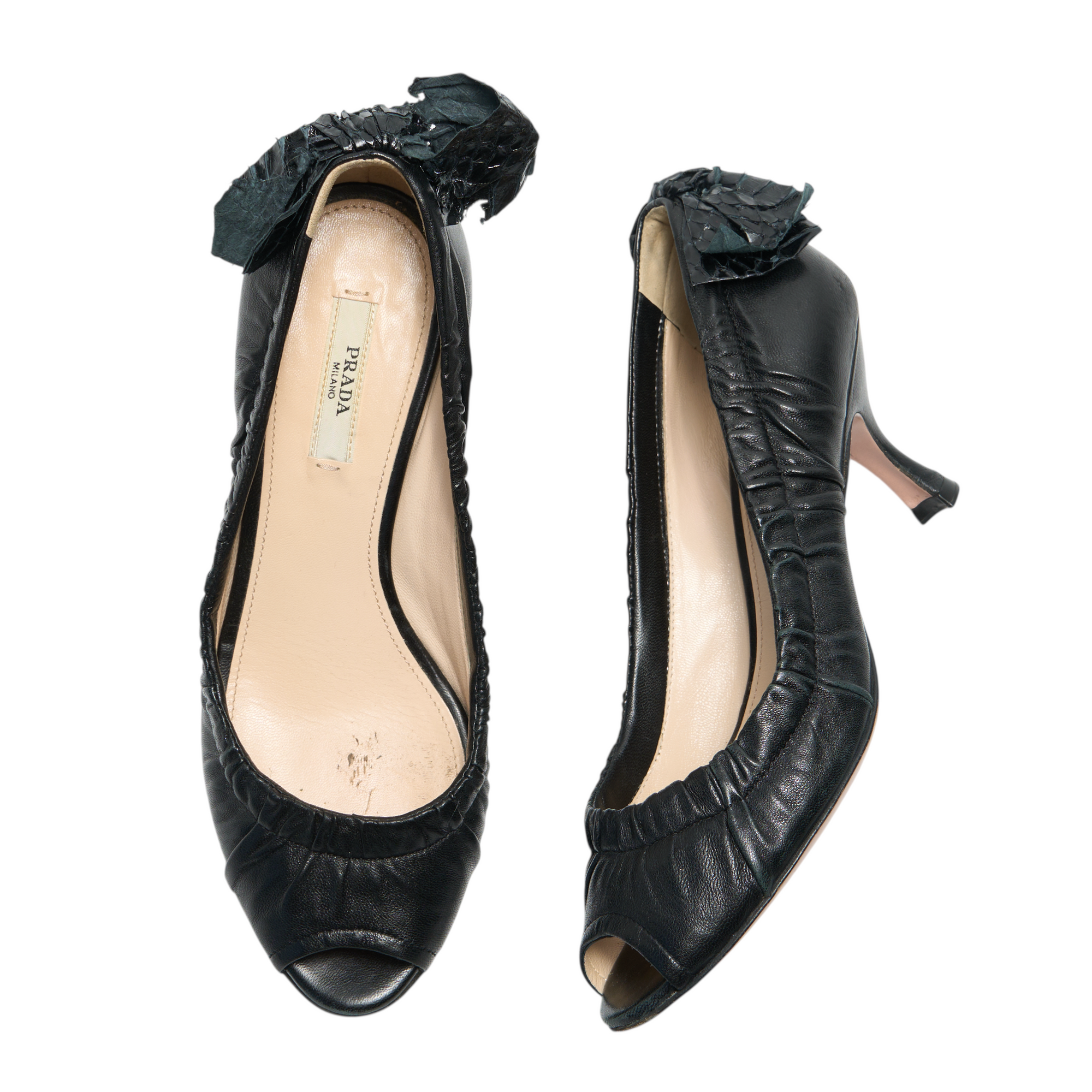 prada 2000s black ruched bow heels