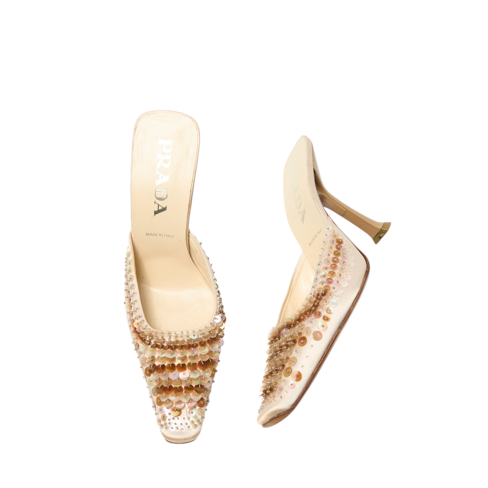 prada 2000s cream sequin heels