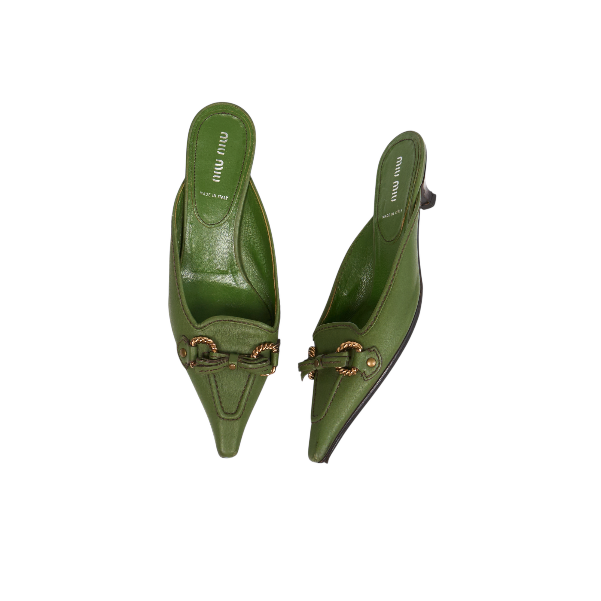 miu miu 2000s green pointed kitten heels