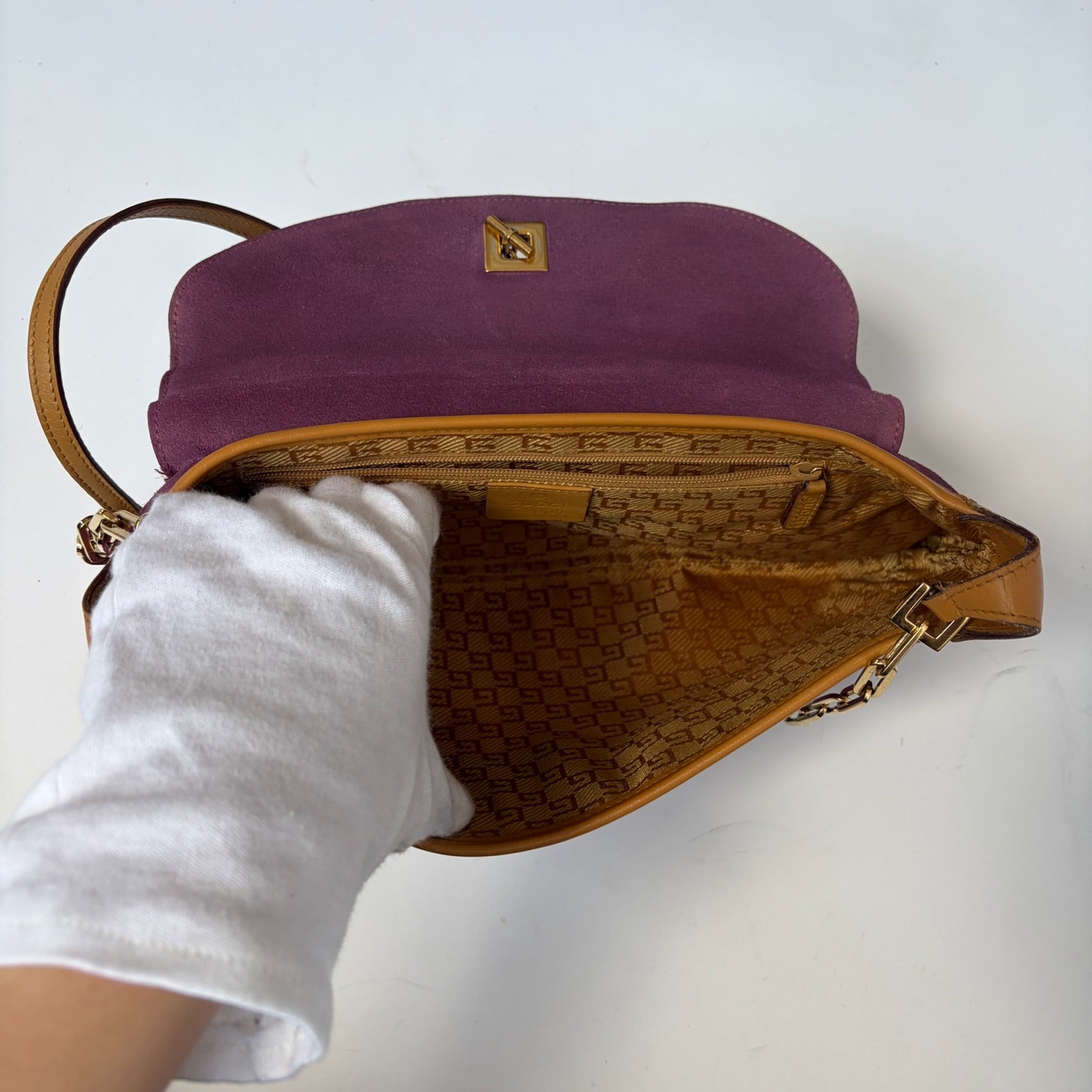 gucci f/w 2000 purple suede tiger bag