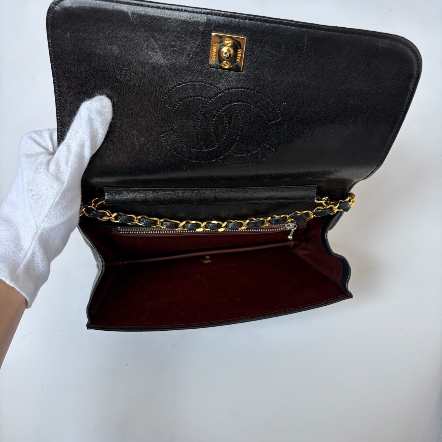 chanel 2000s black leather wallet on chain bag